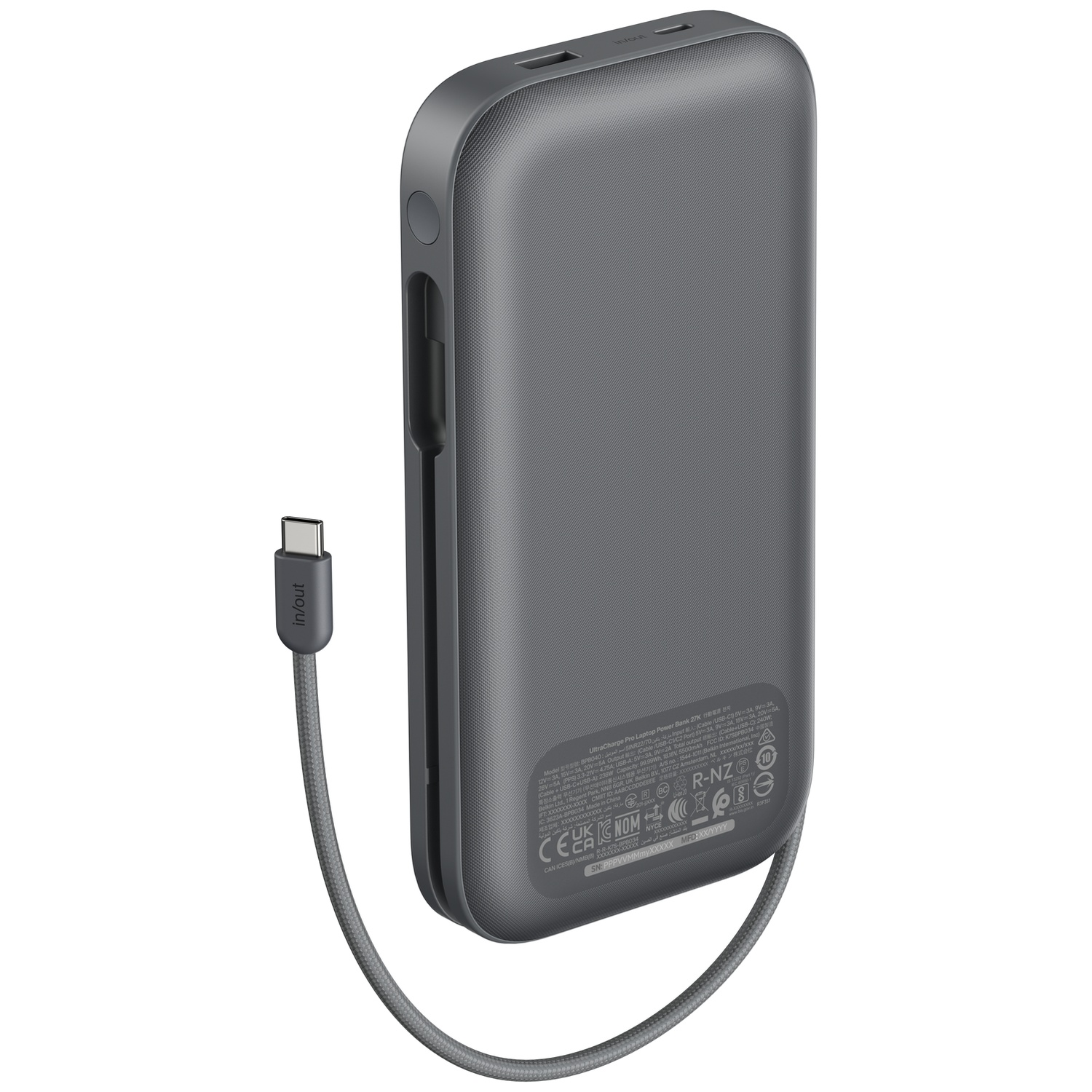 Batterie externe USB-C grise avec câble, étiquetée au dos.