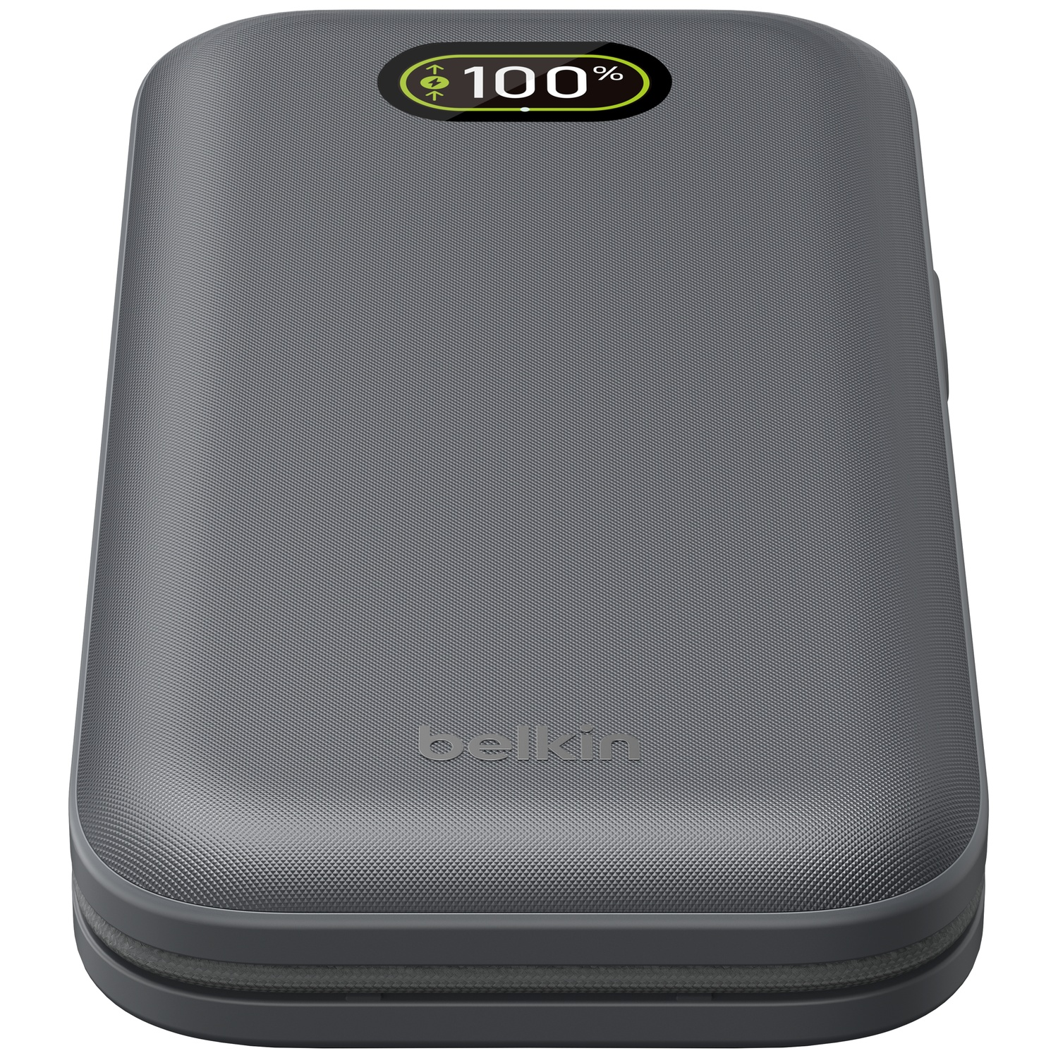 Batterie externe grise Belkin avec indicateur de charge à 100%.