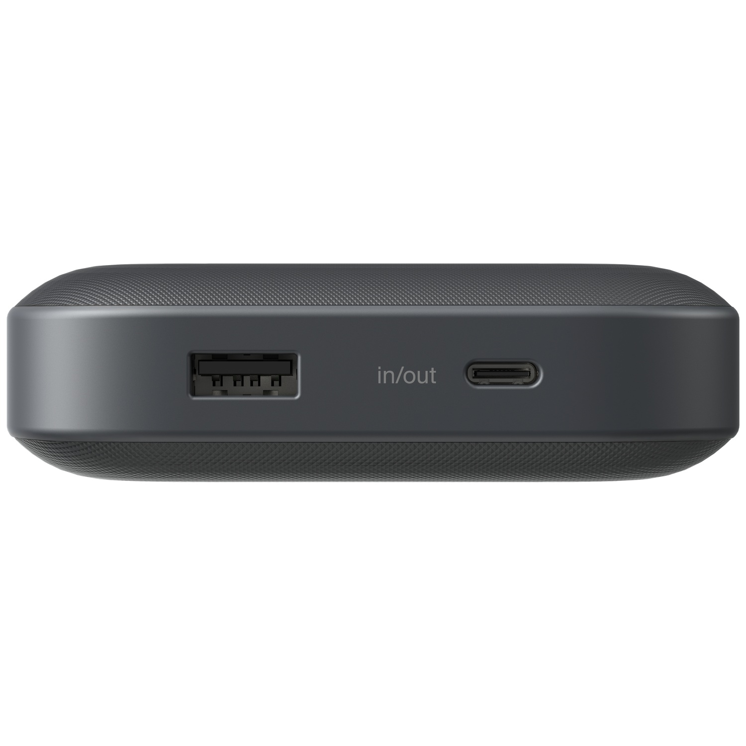 Batterie externe grise avec ports USB-A et USB-C.