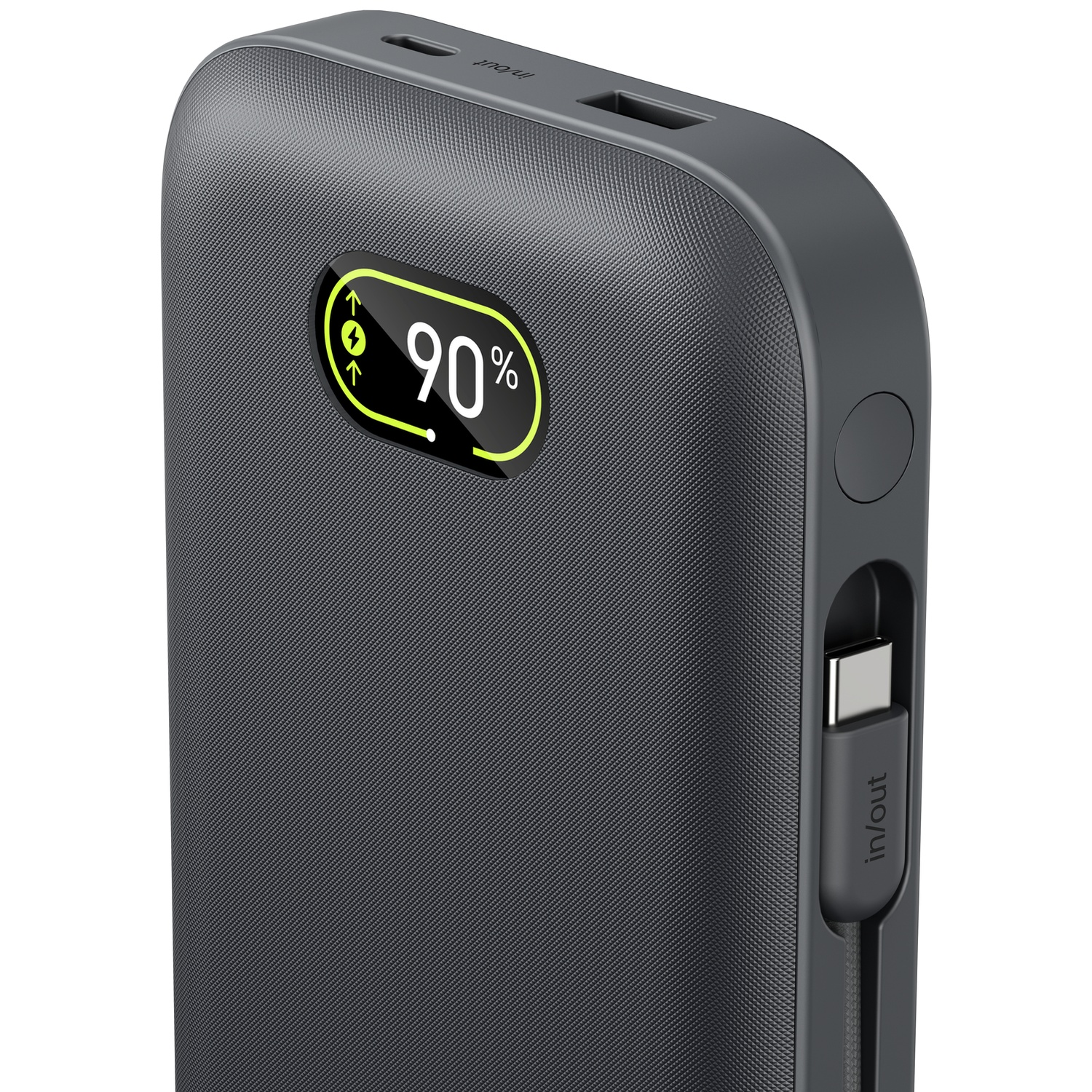 Batterie externe gris foncé indiquant 90 % de charge avec câble USB-C.