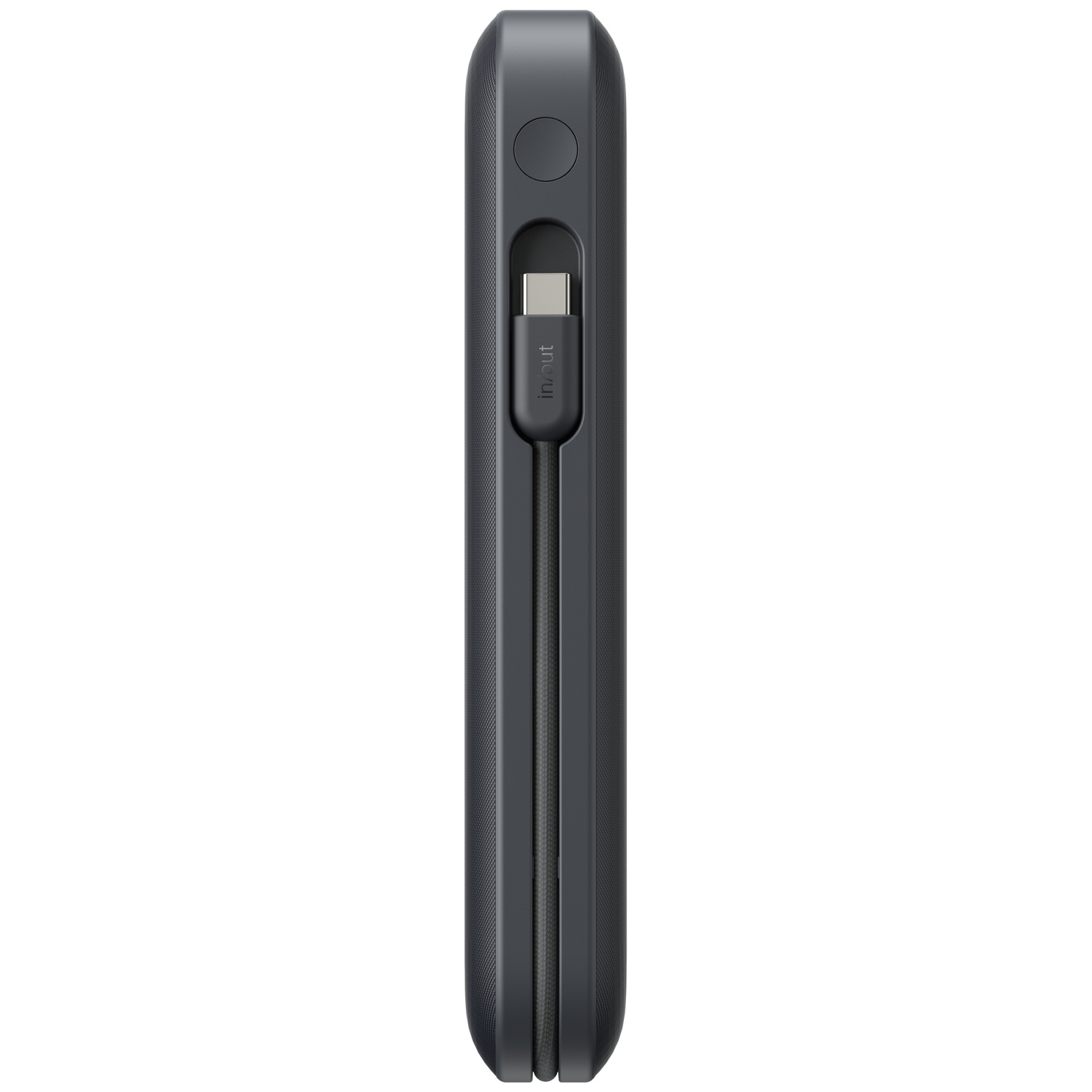 Étui de chargement gris foncé avec câble USB-C intégré et port de charge.