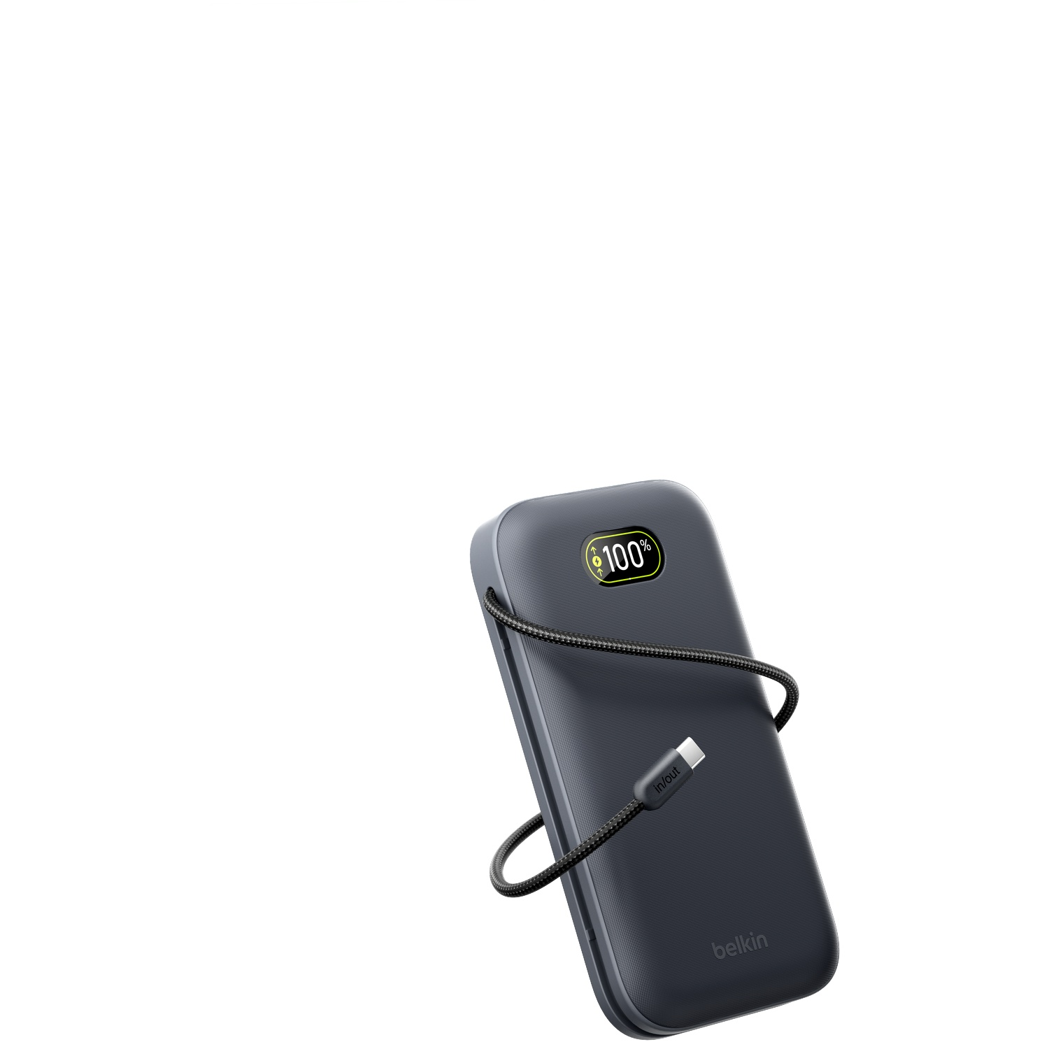 Batterie externe gris foncé avec câble USB-C et affichage 100%.