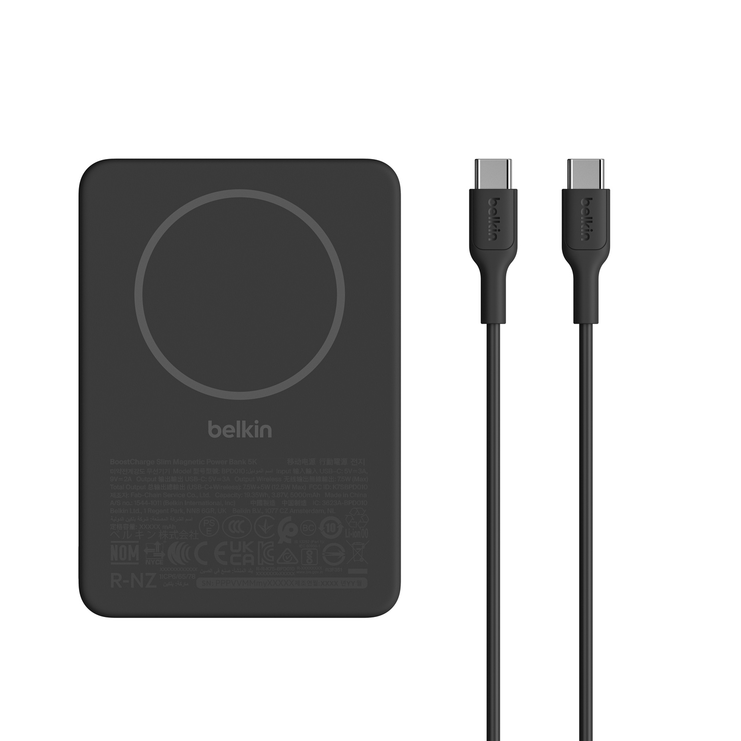 Batterie externe Belkin noire avec deux câbles USB-C.
