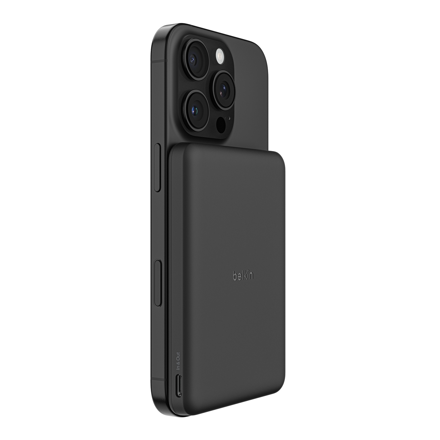 Un iPhone noir avec une batterie noire attachée, visible sur le côté droit.