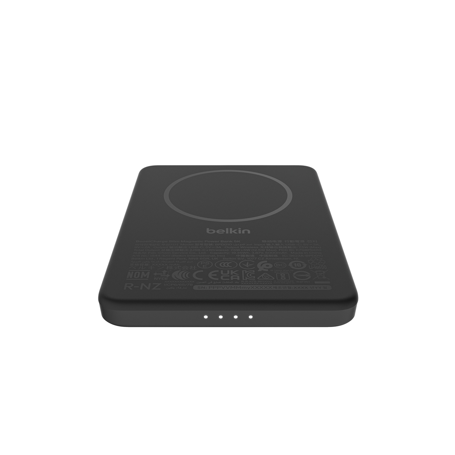 Batterie externe Belkin noire avec surface de chargement magnétique et indicateurs LED.