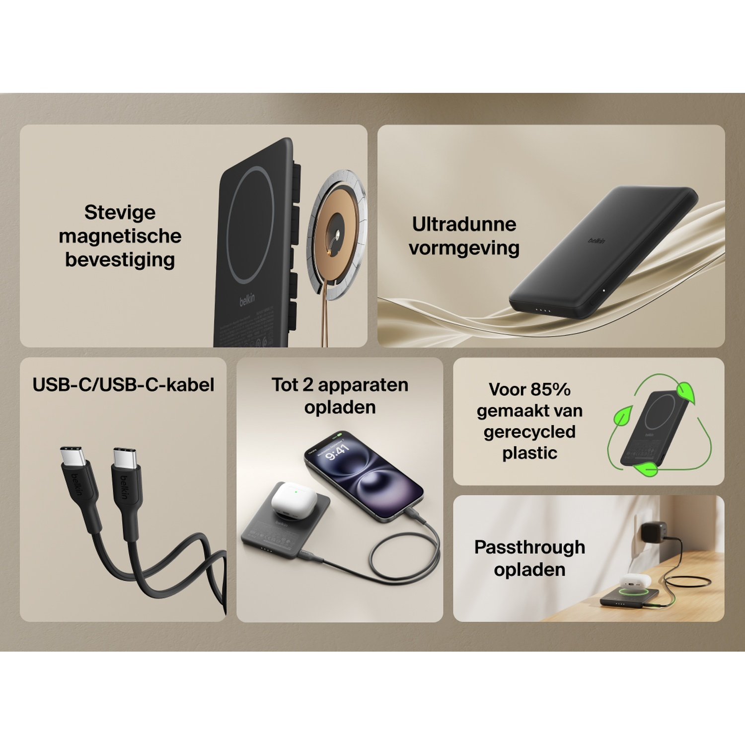 Plusieurs chargeurs et accessoires Belkin, dont un chargeur MagSafe, des câbles et des options de recharge sans fil.