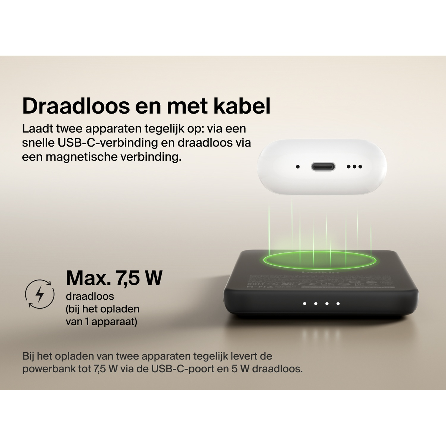 Un chargeur sans fil blanc flotte au-dessus d'une banque d'alimentation noire avec quatre lumières.