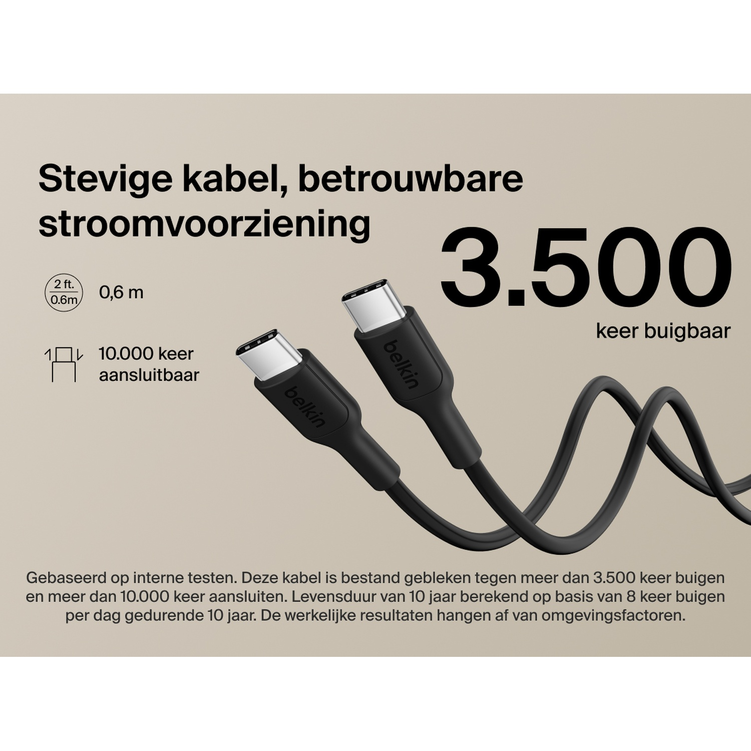 Deux câbles USB-C noirs Belkin, 0,6 m, 3 500 pliages.