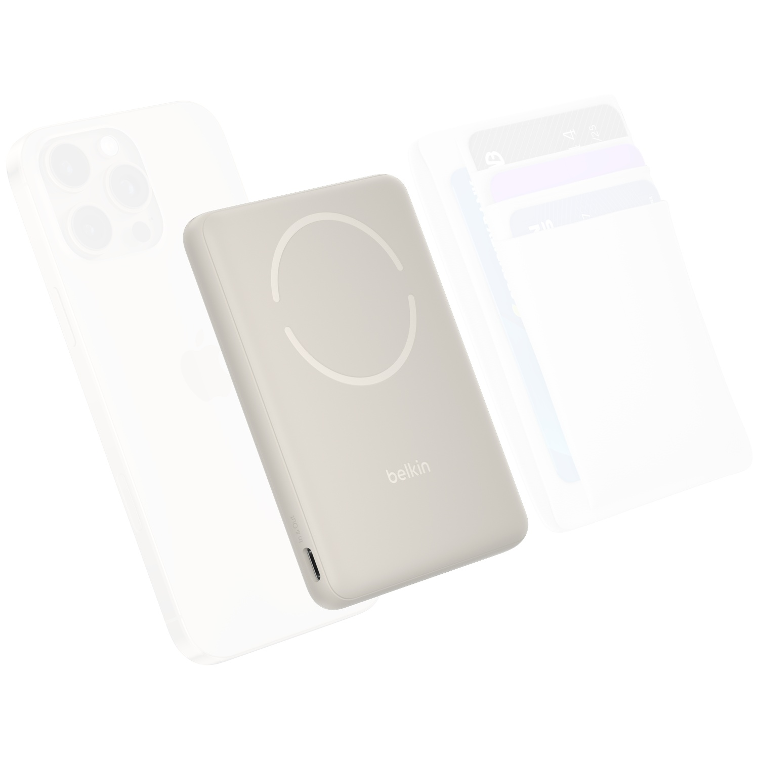 Une banque d'alimentation Belkin gris clair repose sur un smartphone translucide.