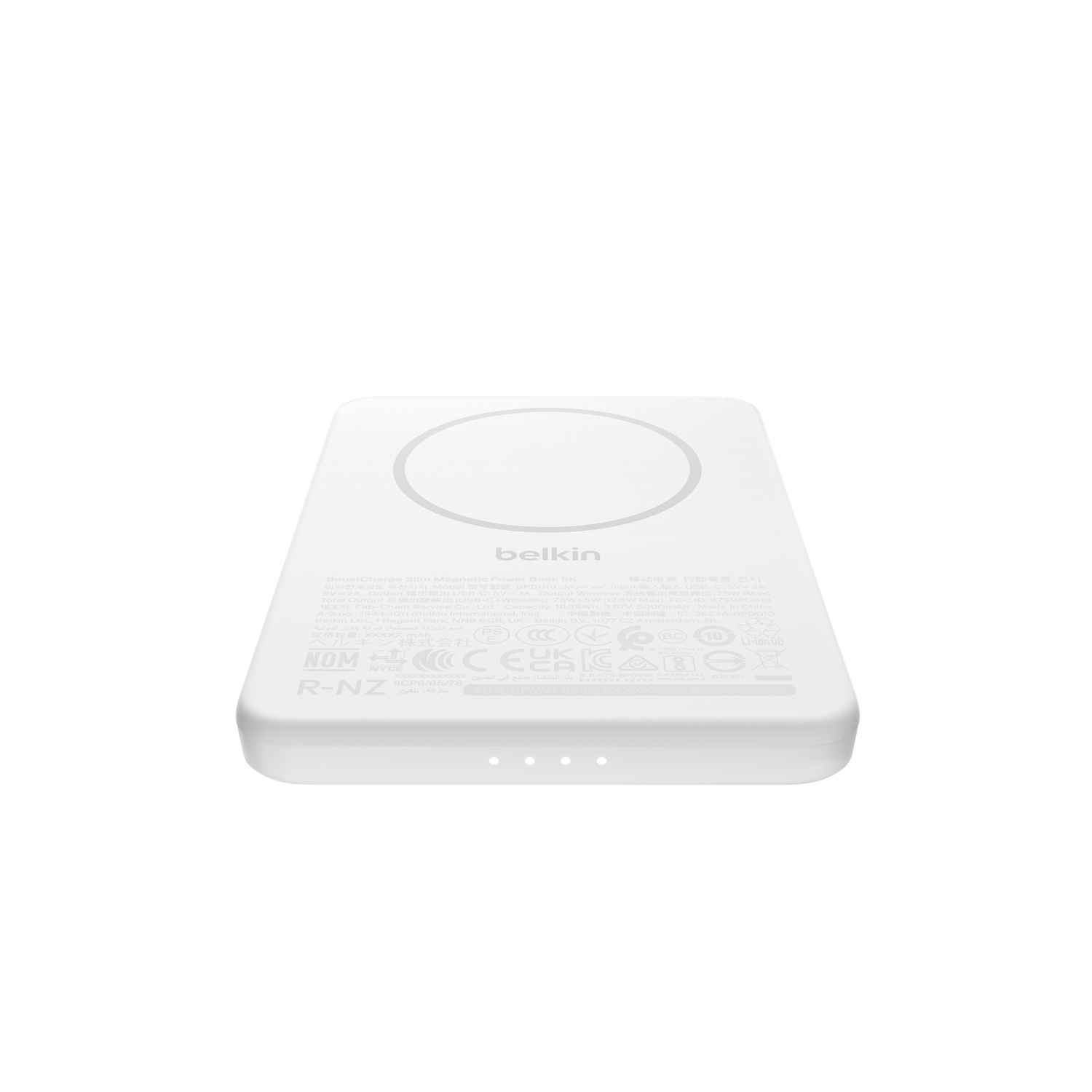 Batterie externe magnétique blanche Belkin MagSafe avec voyants de charge.