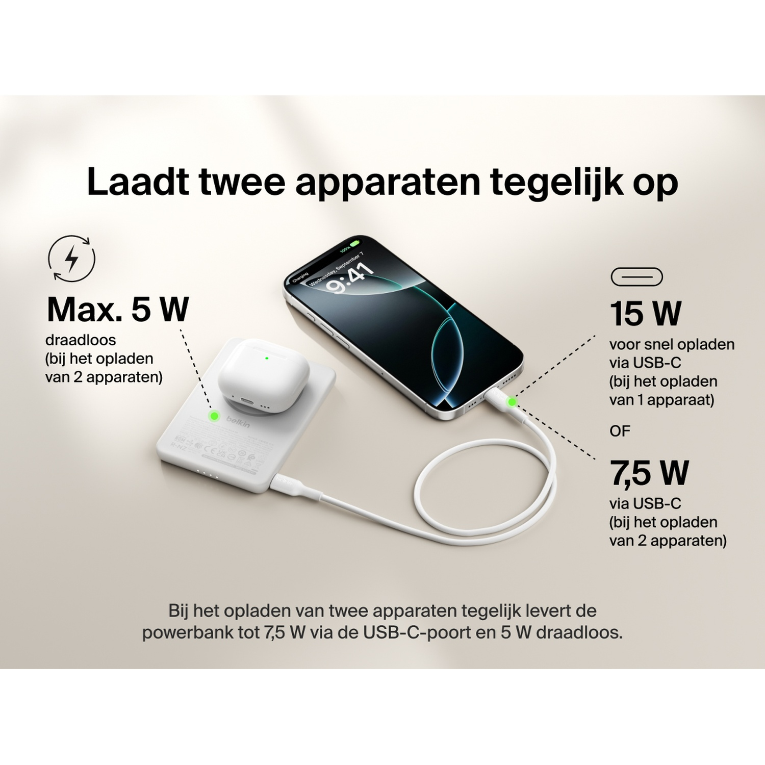 Un smartphone se charge via USB-C, à côté un chargeur sans fil avec écouteurs.