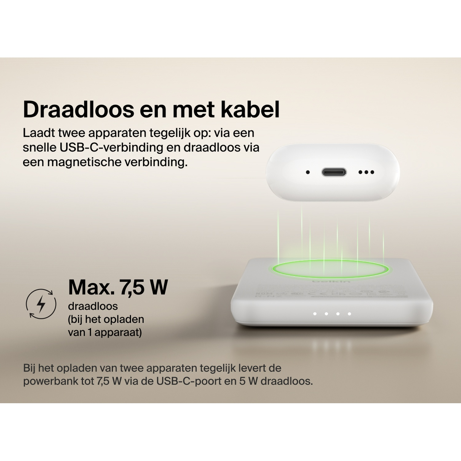 Chargeur blanc avec boîtier rectangulaire blanc, chargement sans fil et USB-C.