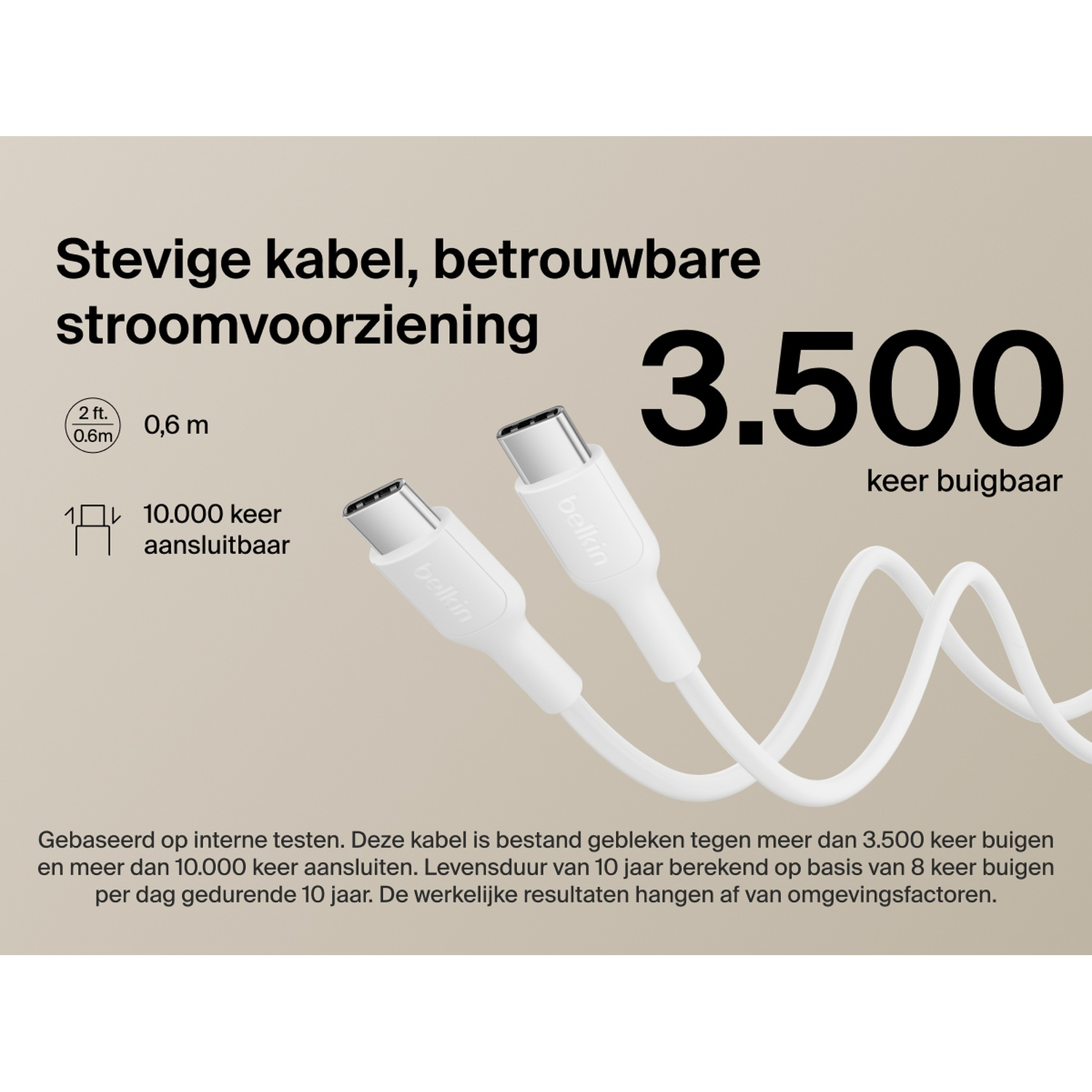 Deux câbles USB-C blancs logo Belkin, 0,6m, 3.500 flexions, 10.000 connexions.