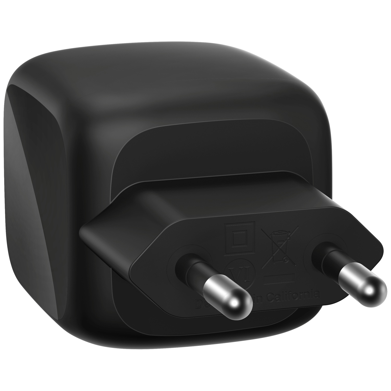Black power adapter with two silver prongs and markings on the casing.
