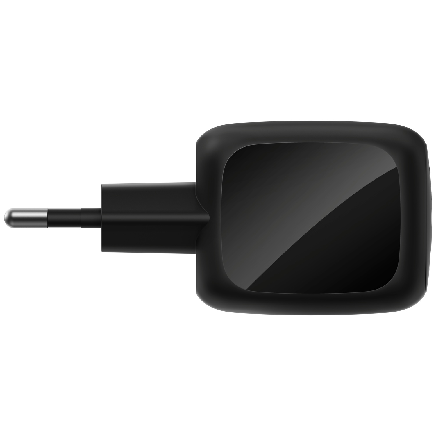 A black power adapter plug with a shiny surface.