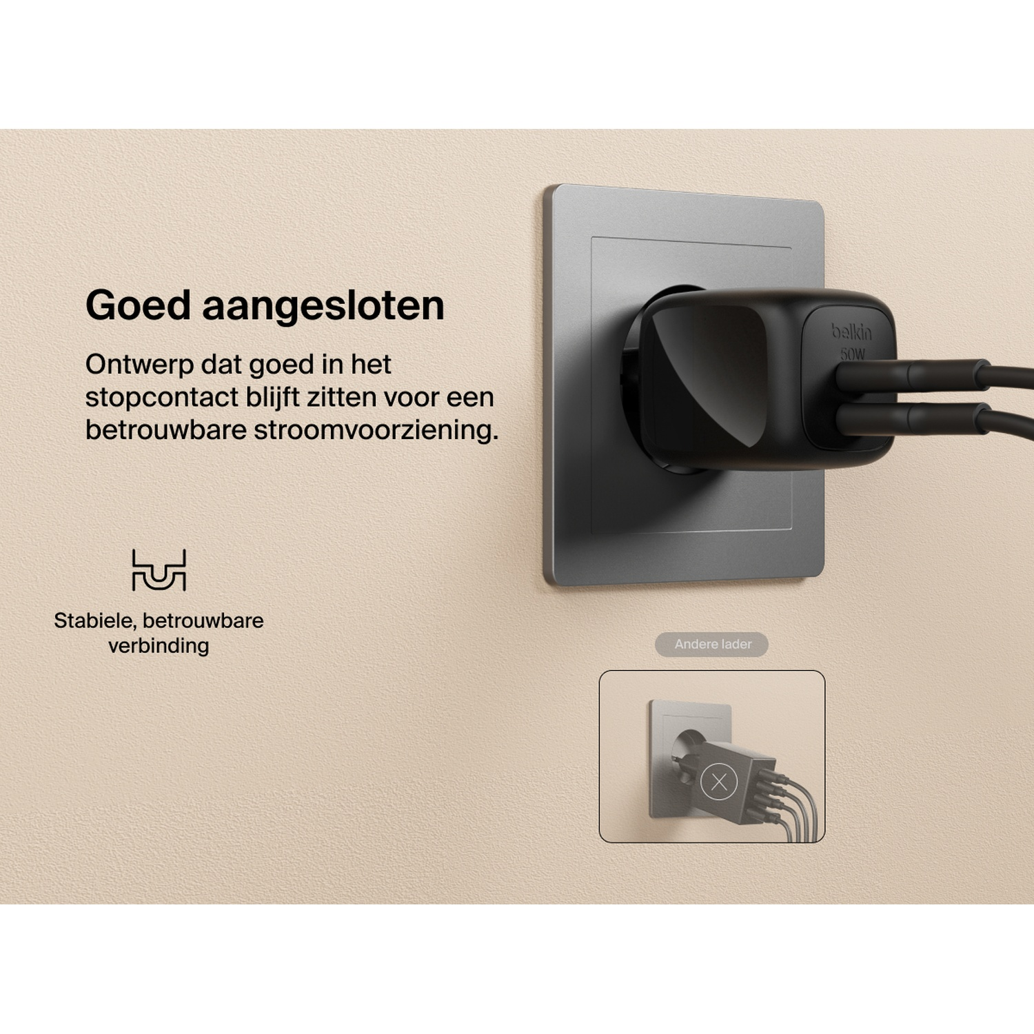 Black Belkin 50W charger plugged into a wall socket with two cables.