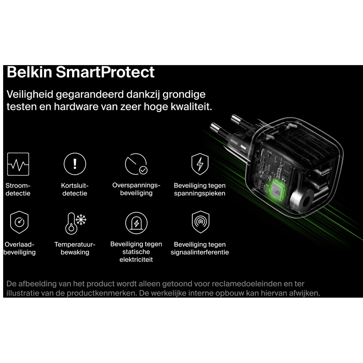 Belkin SmartProtect charger with icons for various safety features.