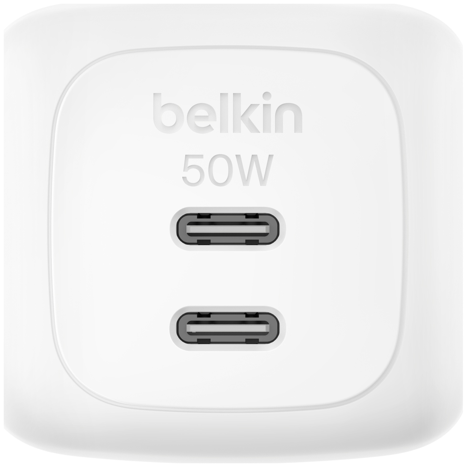 Chargeur Belkin blanc 50W avec deux ports USB-C. Design moderne.