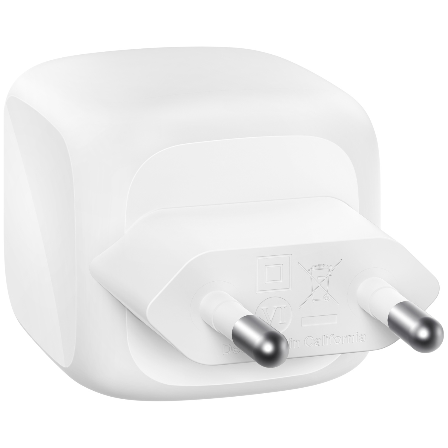 Un adaptateur secteur blanc avec deux broches argentées et des marquages.