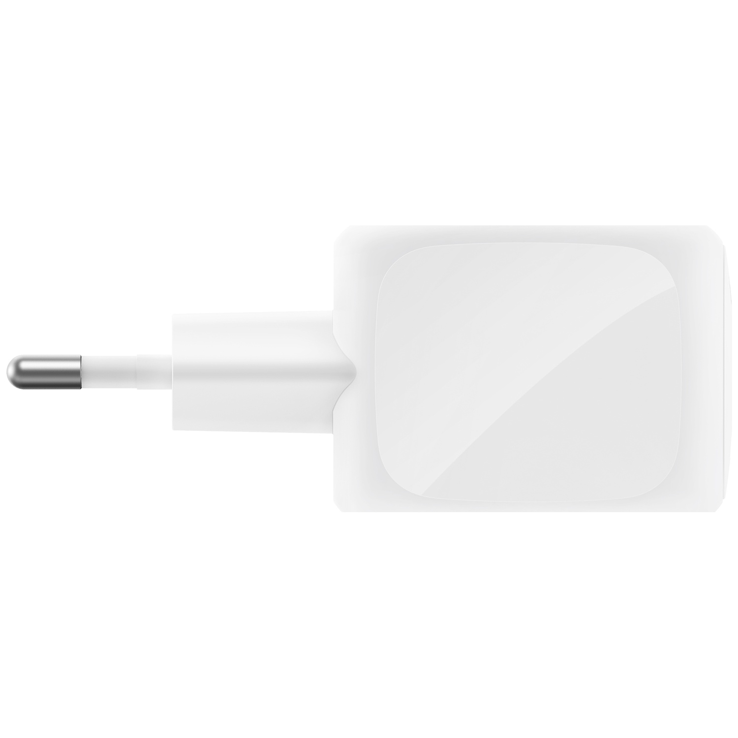 Un adaptateur d'alimentation blanc avec une broche argentée, sur fond blanc.