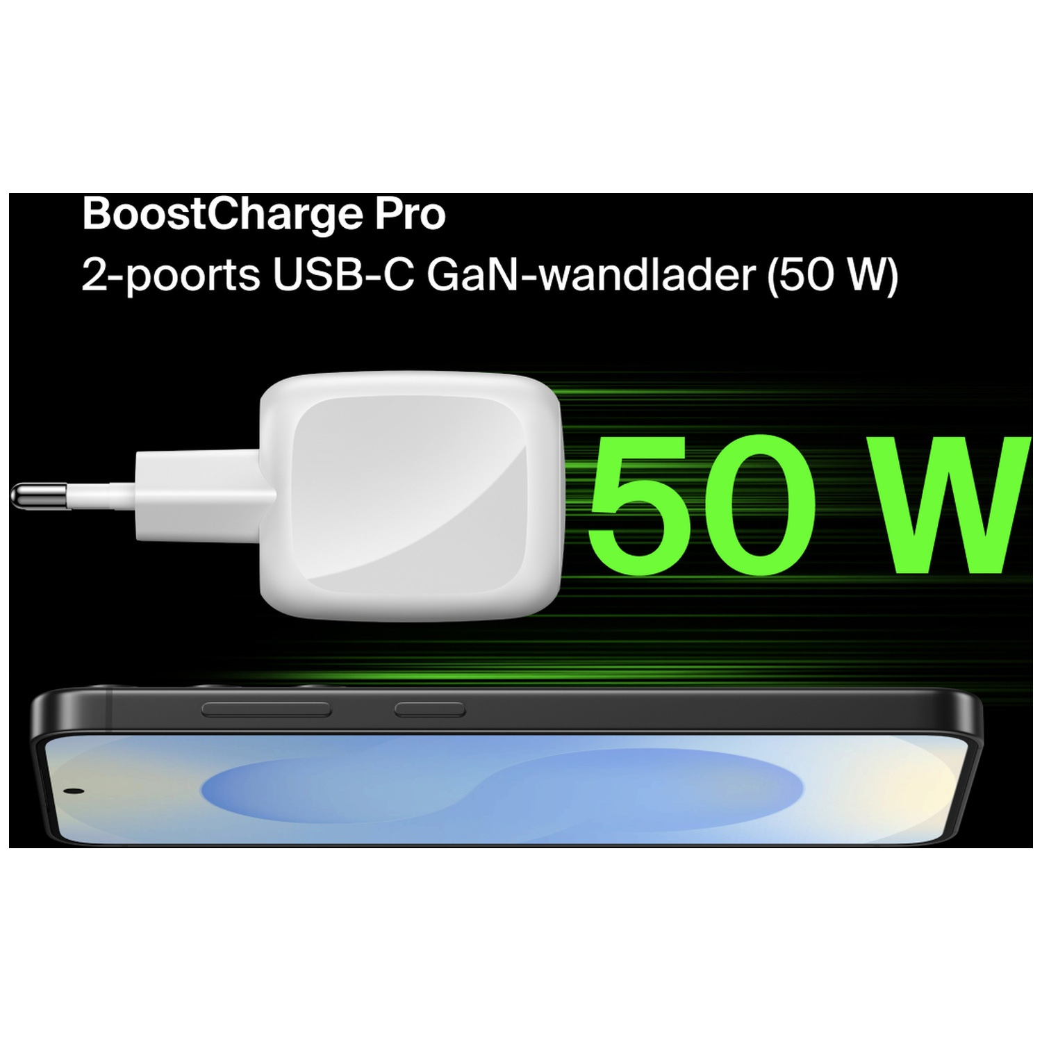 Chargeur mural GaN blanc 50W avec deux ports USB-C et un smartphone.
