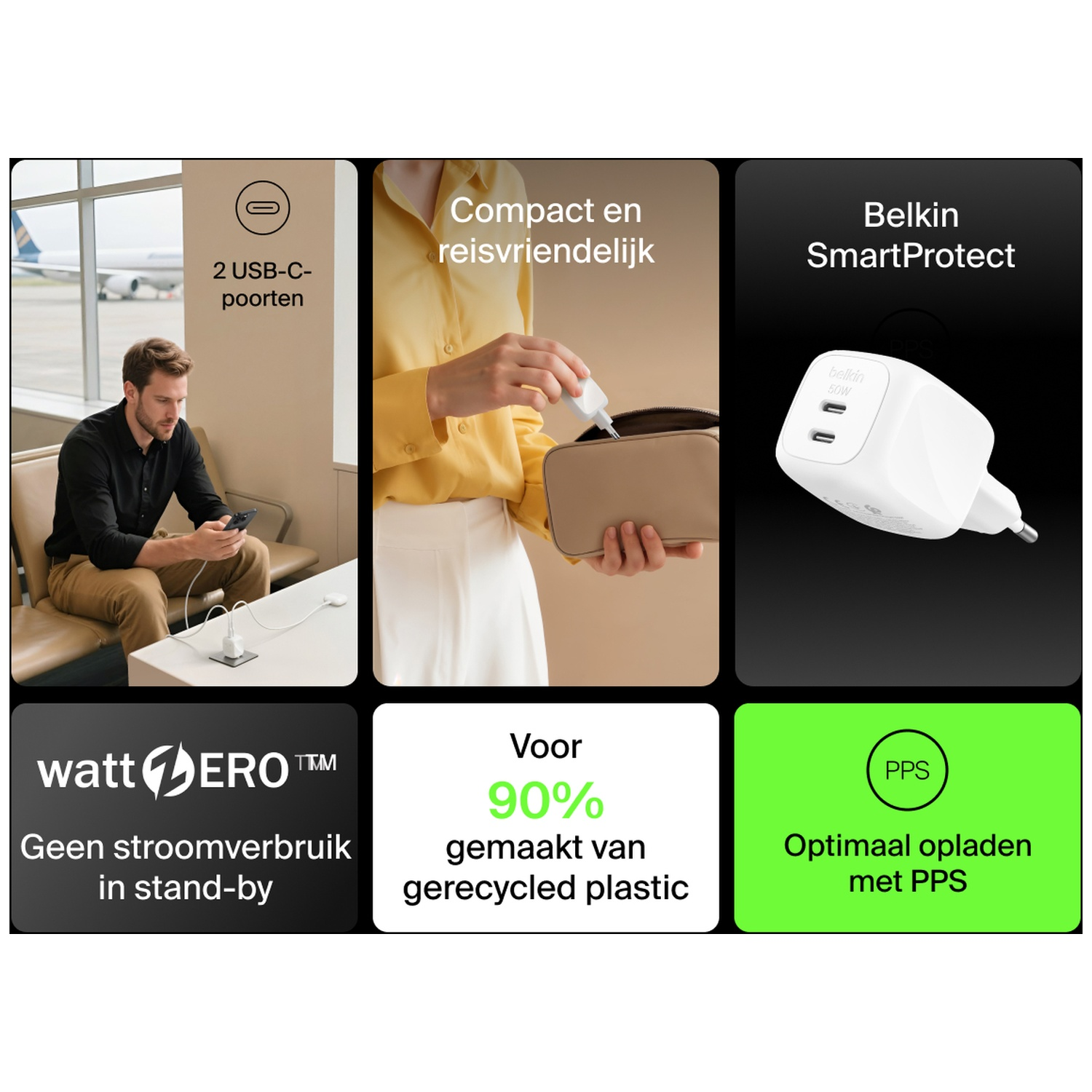 Chargeur Belkin SmartProtect avec 2 ports USB-C, compact, pratique en voyage, 90% recyclé.
