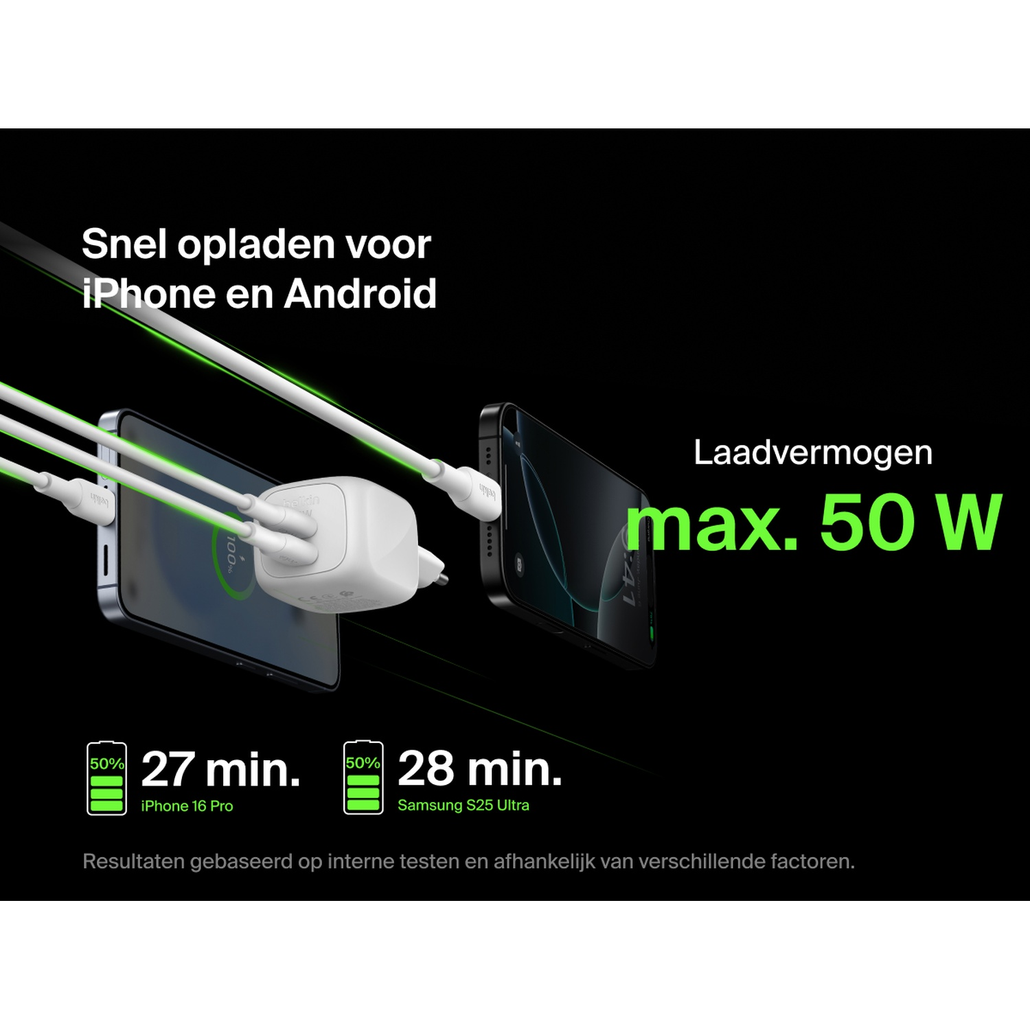 Un chargeur blanc alimente un iPhone et un Samsung. Puissance max 50W. Charge rapide.