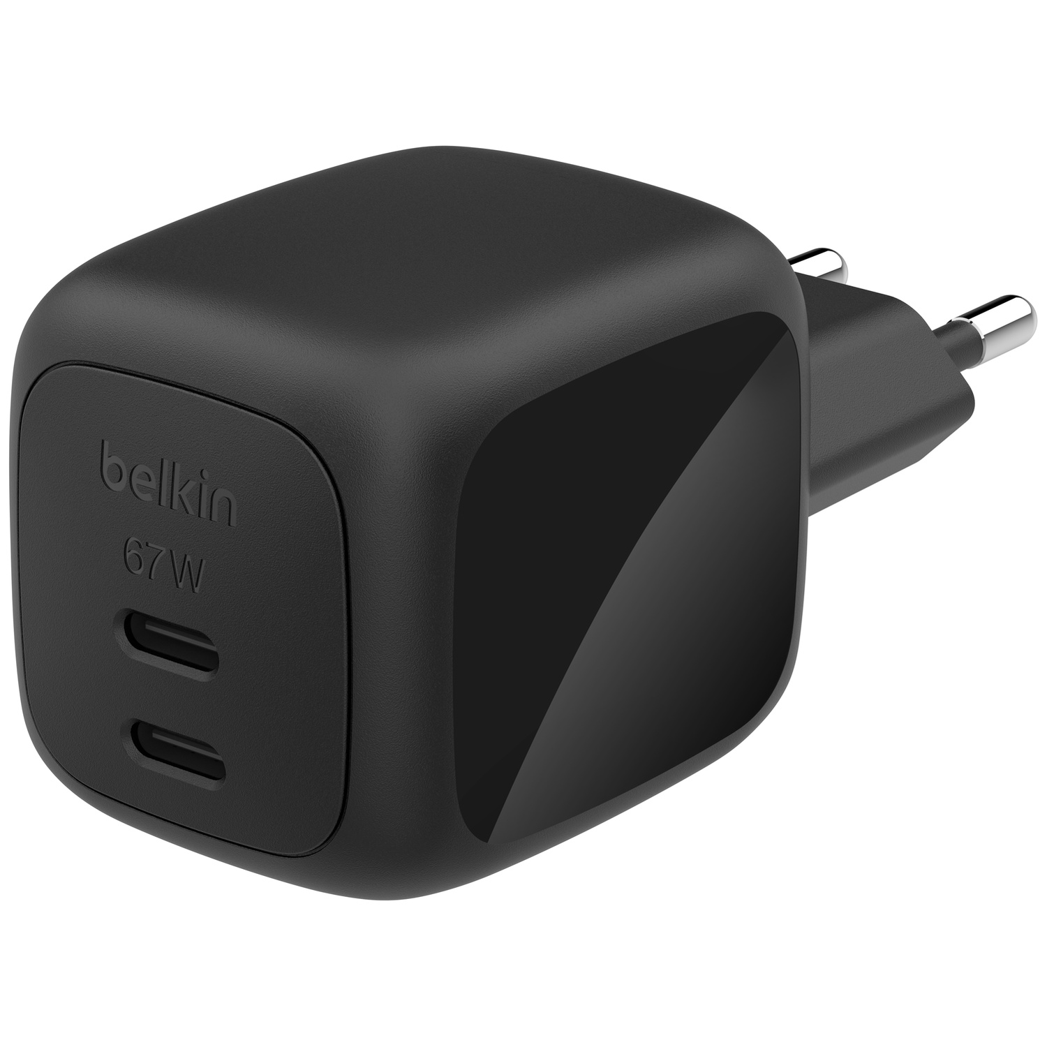 Chargeur noir Belkin 67W à double port USB-C avec prise Euro.