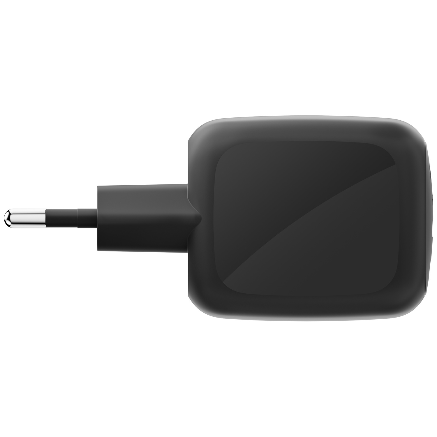 Adaptateur secteur noir avec une broche argentée et des bords arrondis.