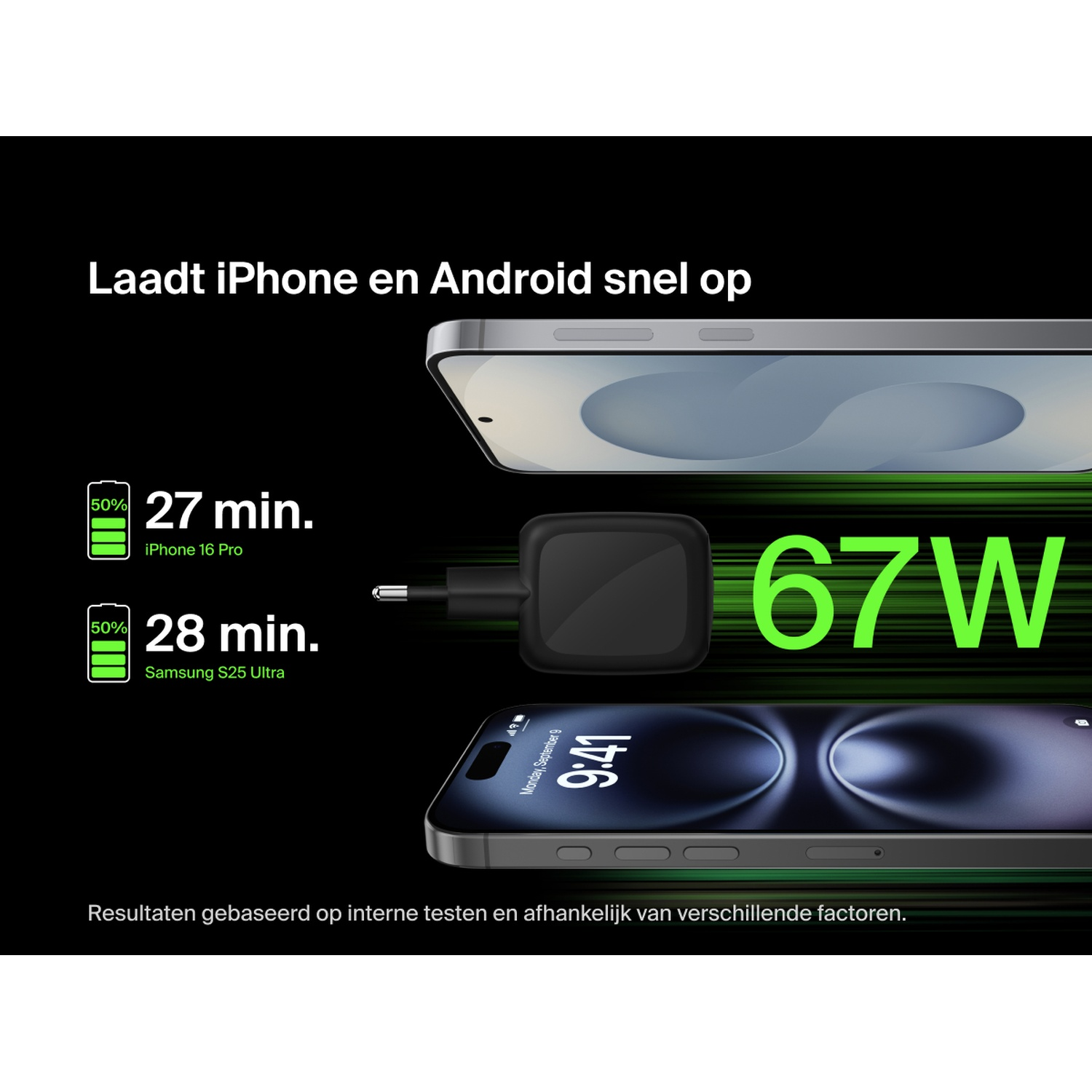 Charge rapide : iPhone 16 Pro en 27 min, Samsung S25 Ultra en 28 min à 67W.