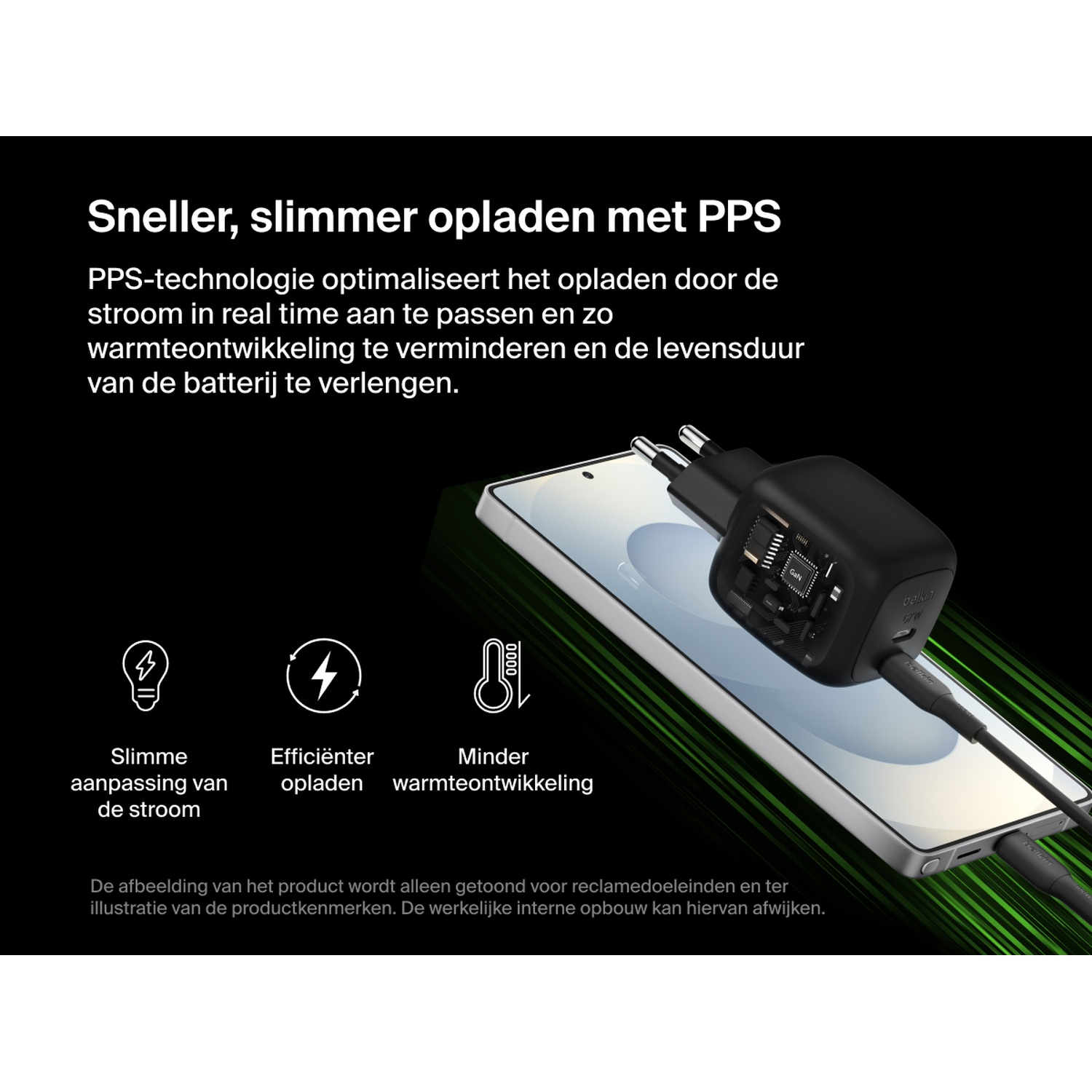 Un chargeur noir branché sur un smartphone, avec des icônes de charge rapide et efficace.