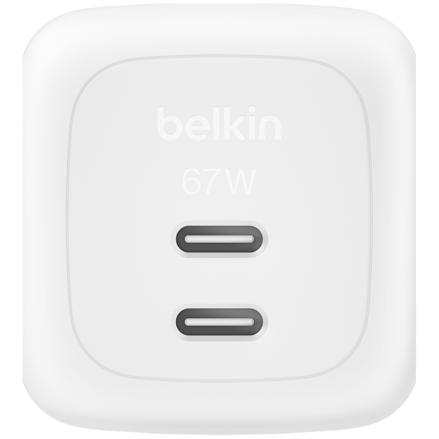 Chargeur Belkin USB-C blanc 67W avec deux ports.