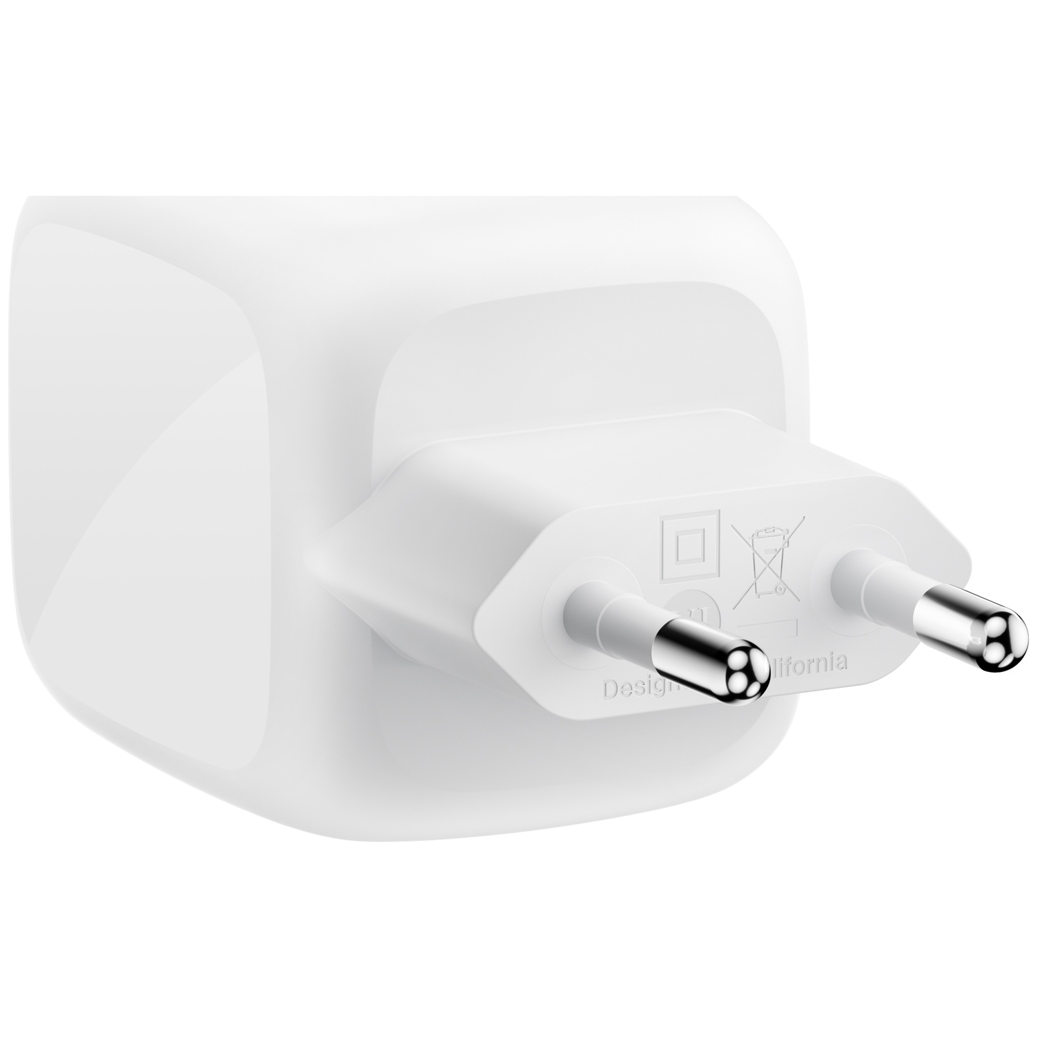 Adaptateur secteur blanc avec deux broches argentées et marquages.