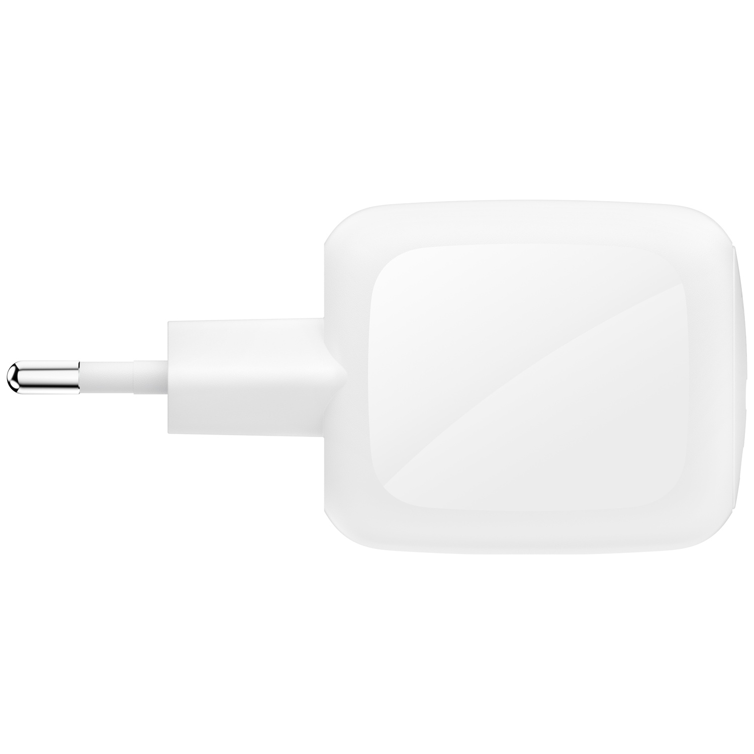 Un adaptateur d'alimentation blanc avec une broche argentée, sur fond blanc.