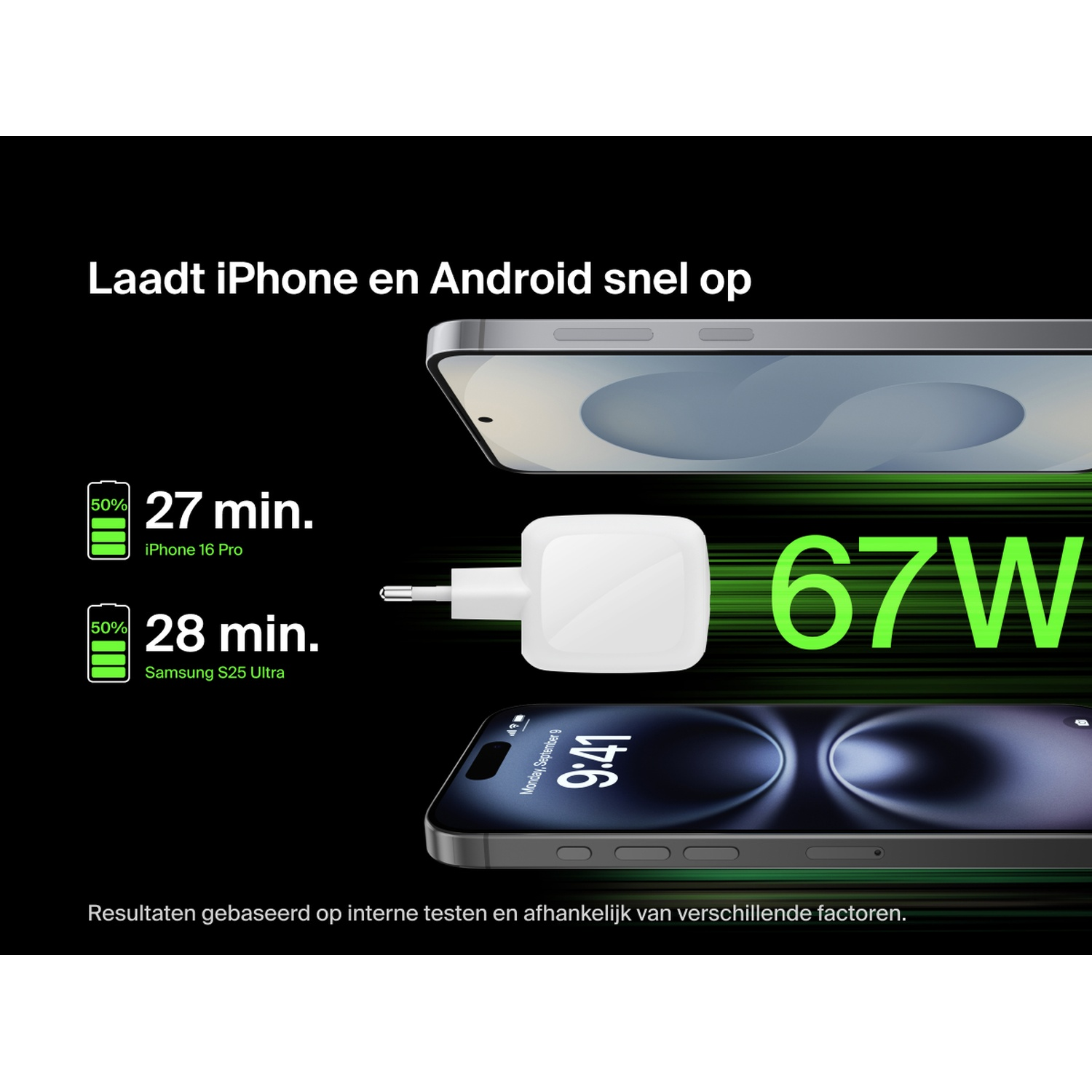 iPhone et Android chargent vite. 50% en 27 min (iPhone 16 Pro), 28 min (Samsung S25 Ultra) avec 67W.
