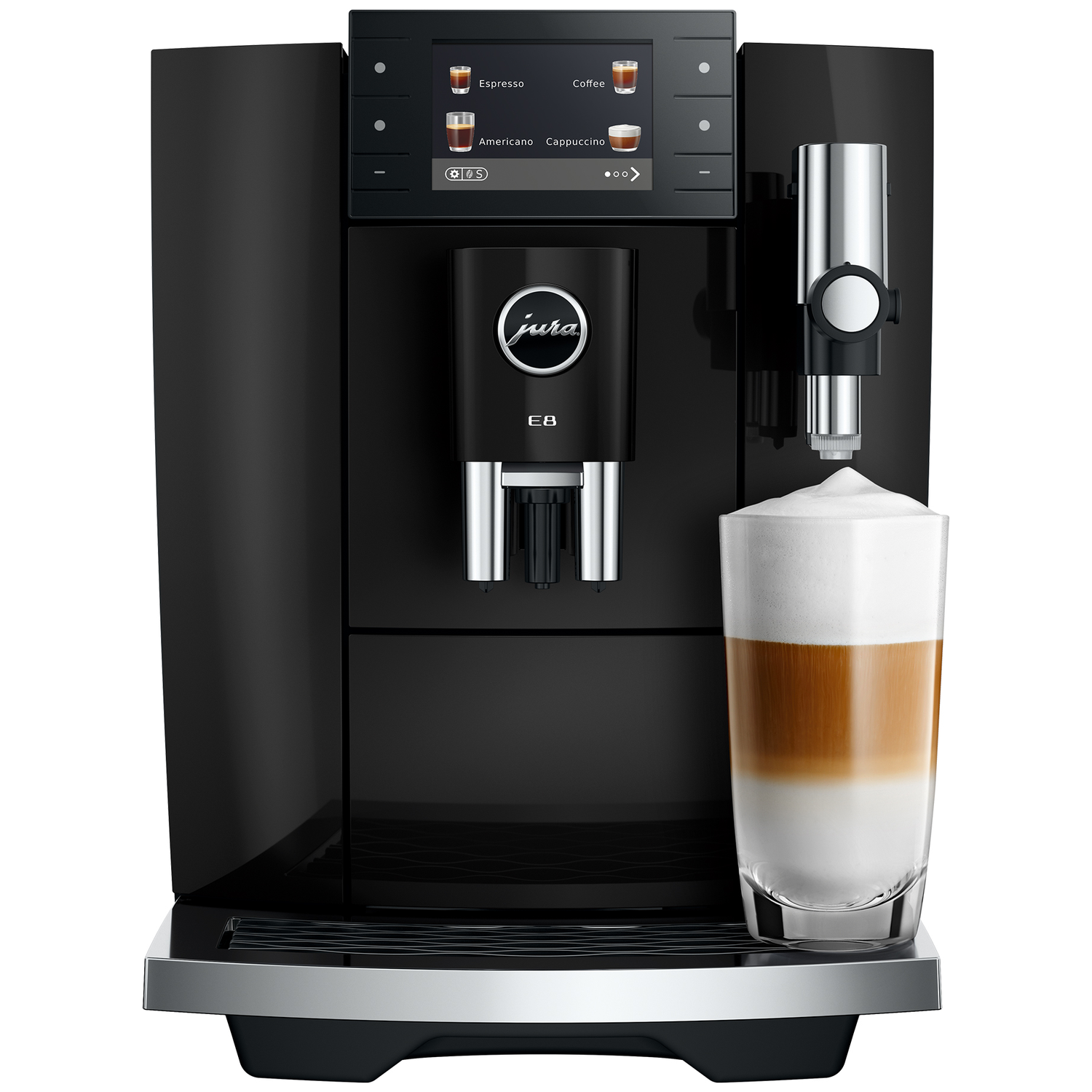 Zwarte koffiemachine met gelaagde latte in een glas en een touchscreen.