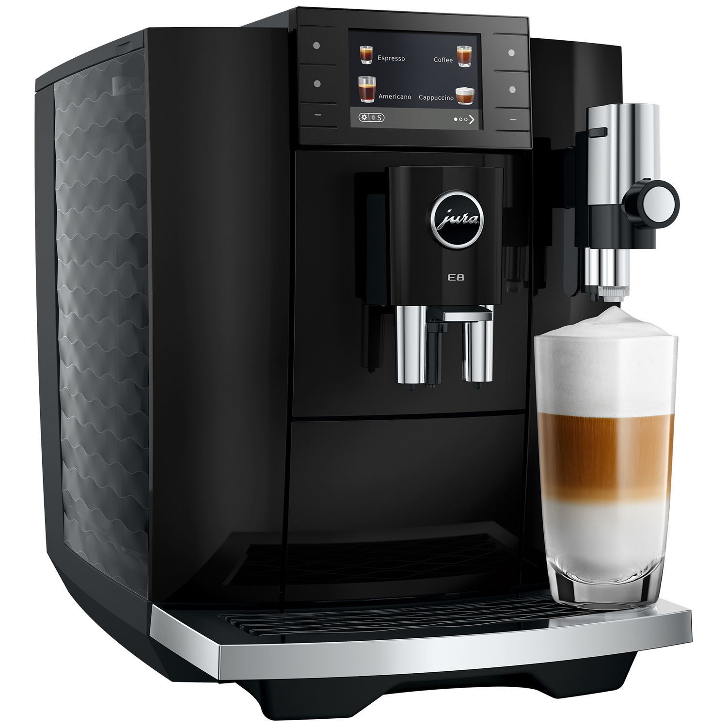 Zwarte koffiemachine met een glas latte macchiato op de lekbak.