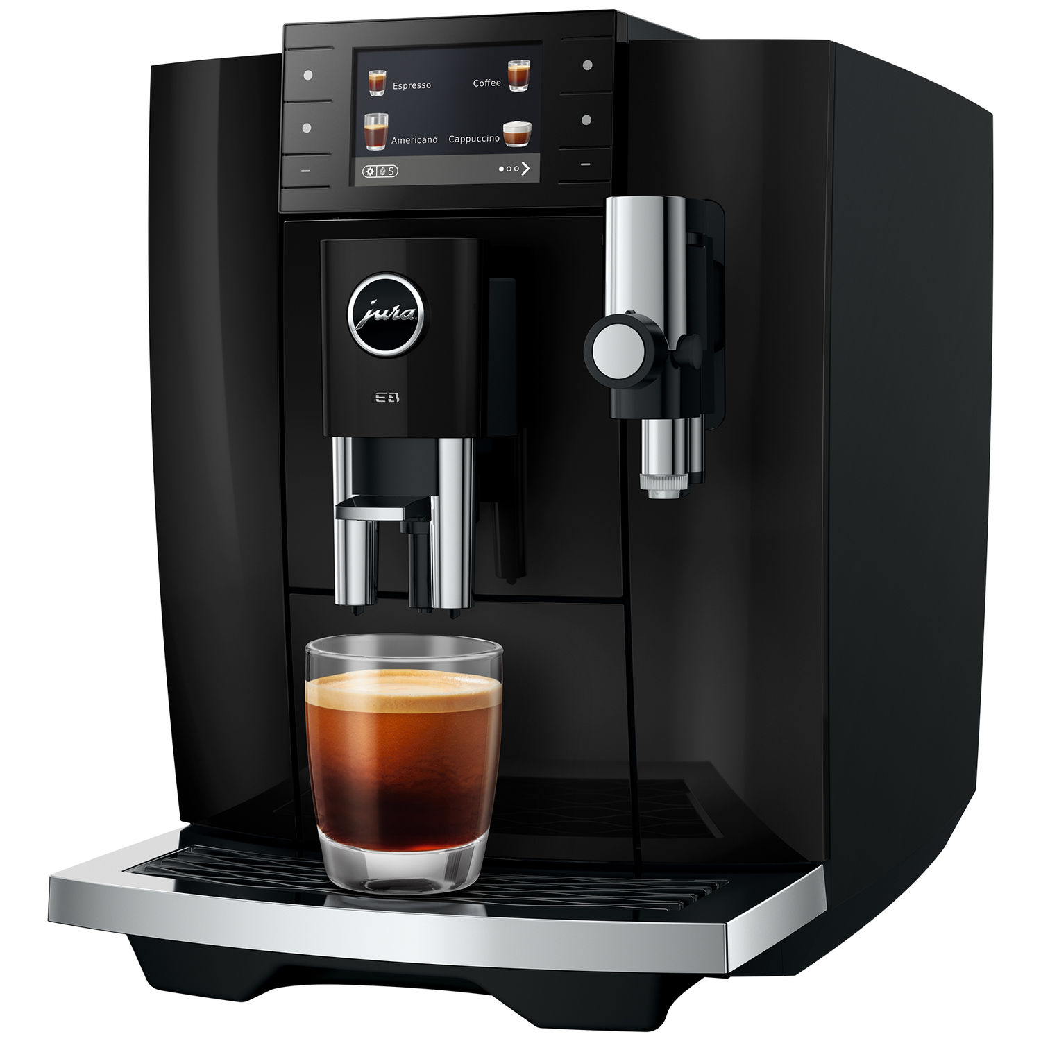 Zwarte Jura koffiemachine met een glas espresso op de lekbak.