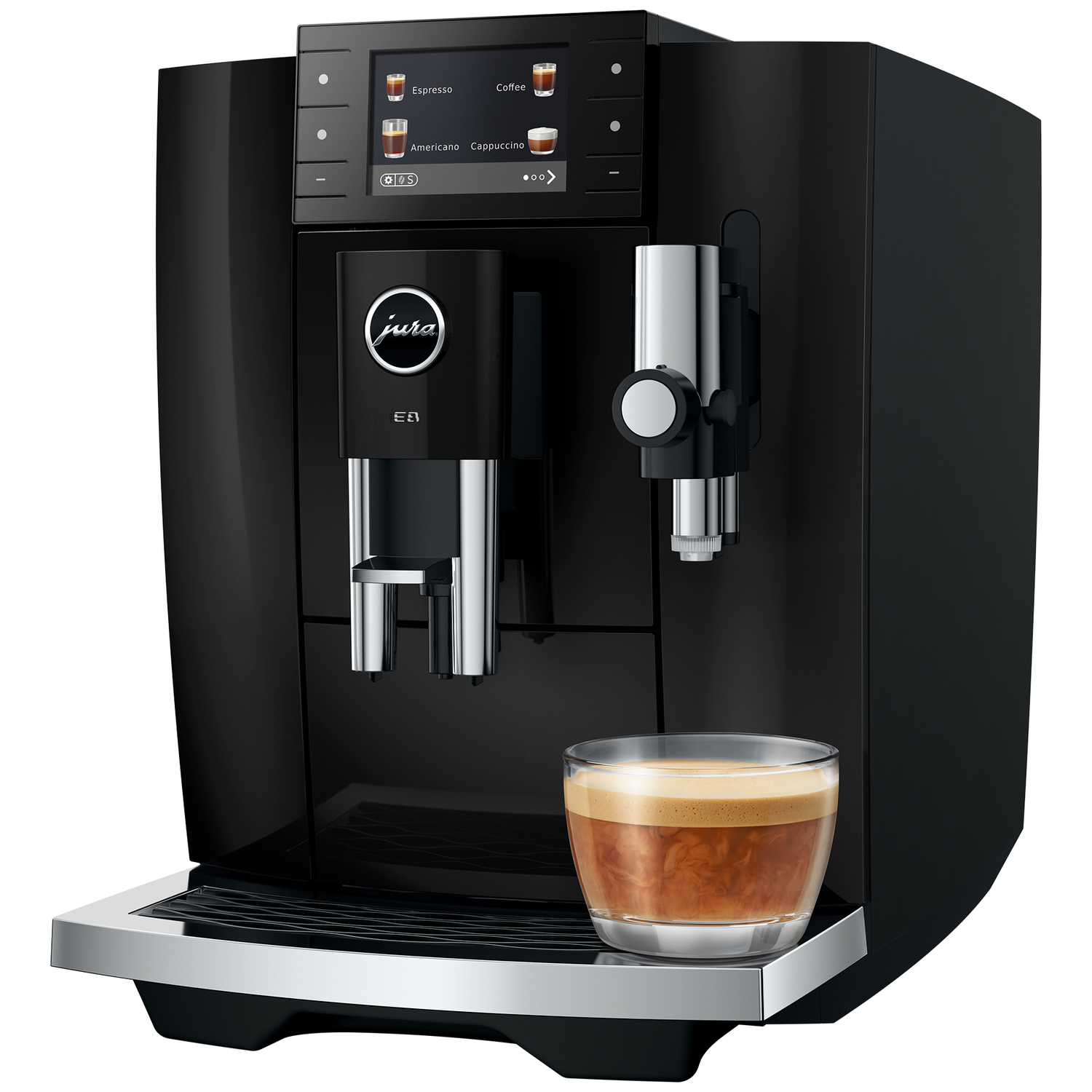 Zwarte koffiemachine met een glas espresso erop.