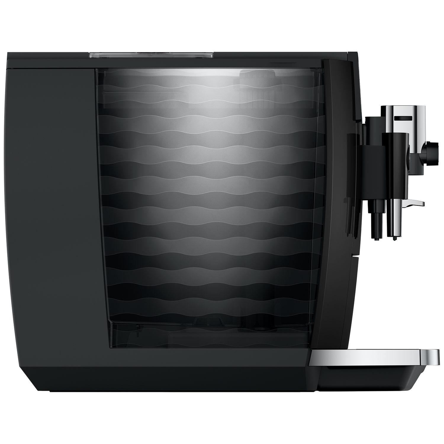 Zwarte koffiemachine met transparant waterreservoir en zetgroep.