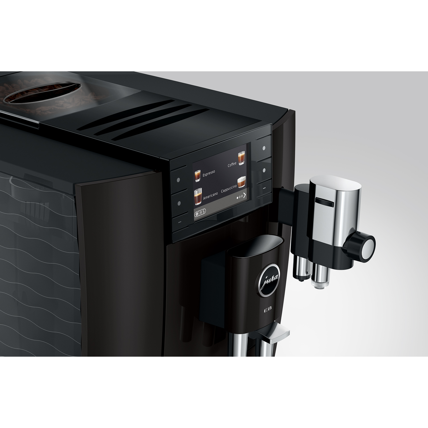 Een zwarte koffiemachine met bonenreservoir en touchscreen met koffieopties.