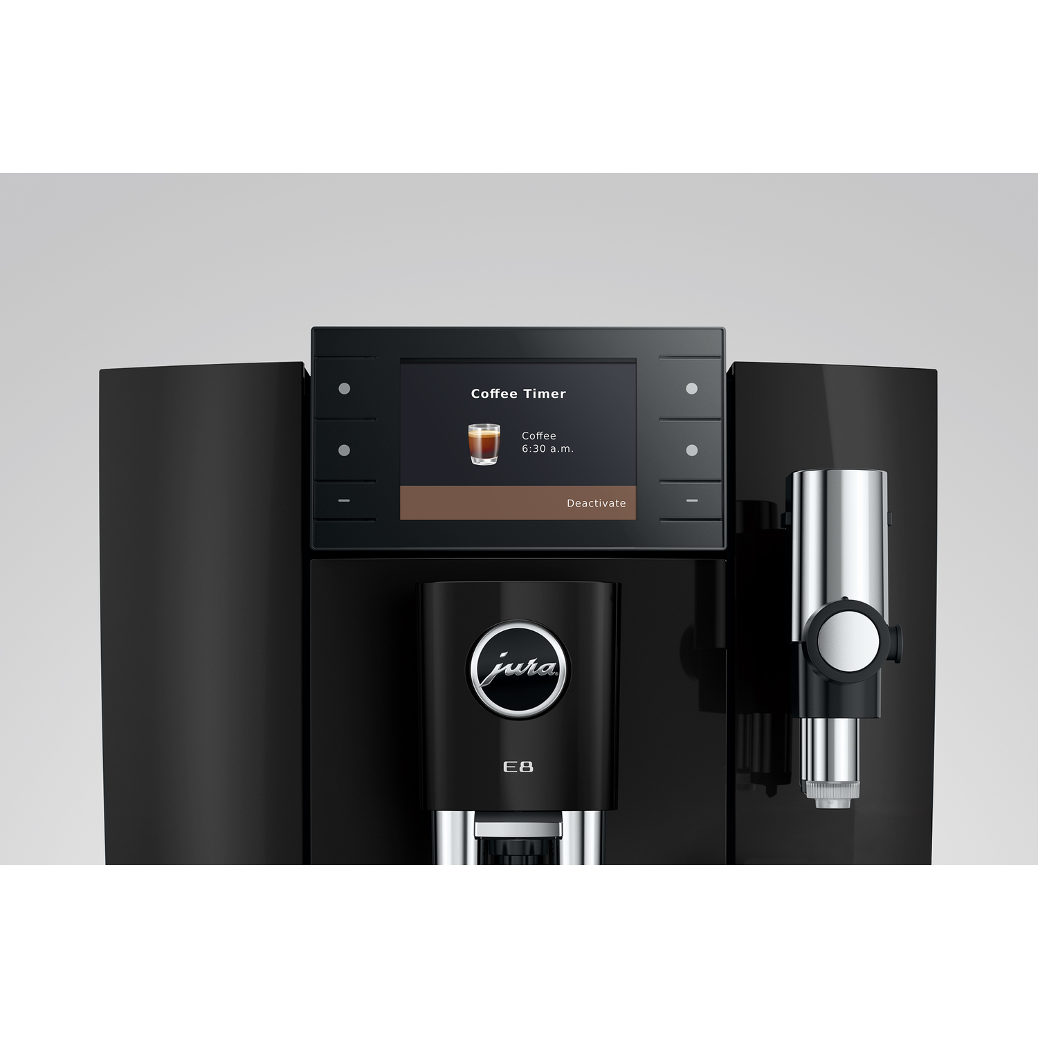 Zwarte koffiemachine met touchscreen waarop 'Coffee Timer' en een koffieafbeelding staan.