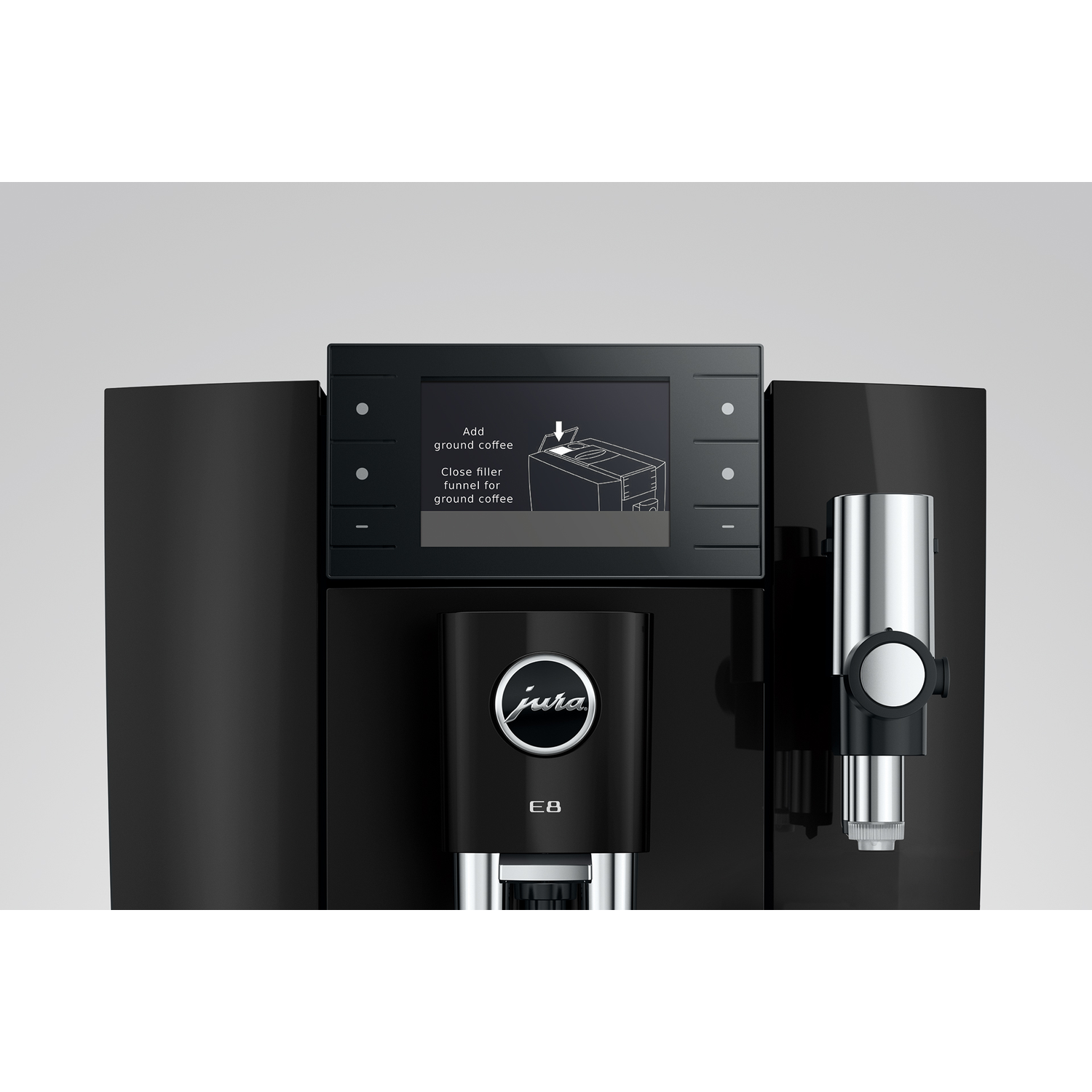 Zwarte koffiemachine met scherm waarop "Gemalen koffie toevoegen" staat.