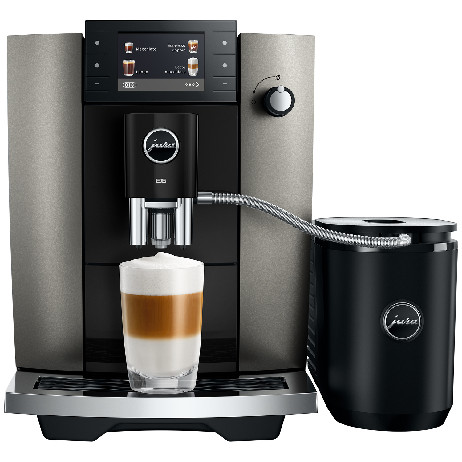 Moderne koffiemachine met melkcontainer, die een latte macchiato bereidt.