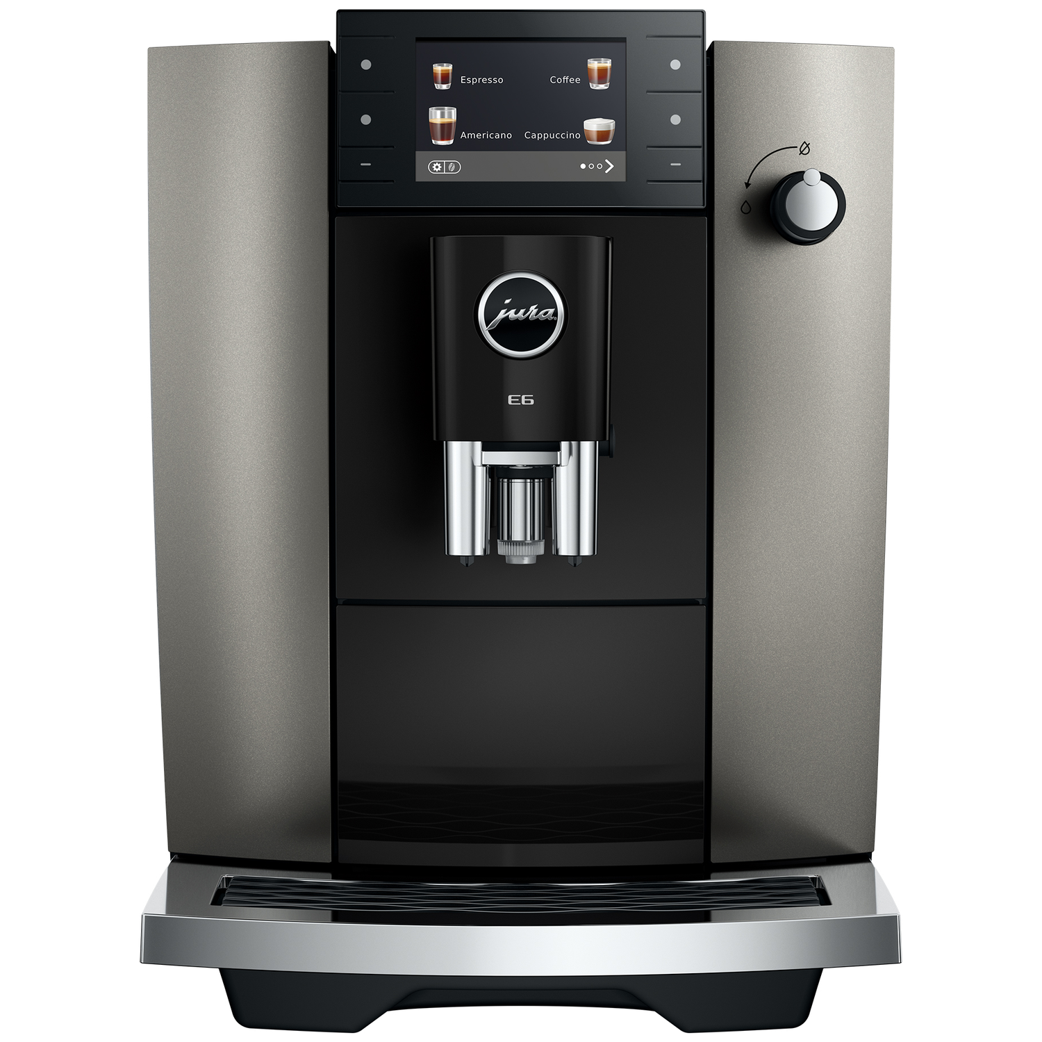 Een moderne koffiemachine met zwart en grijs frame, touchscreen en draaiknop.