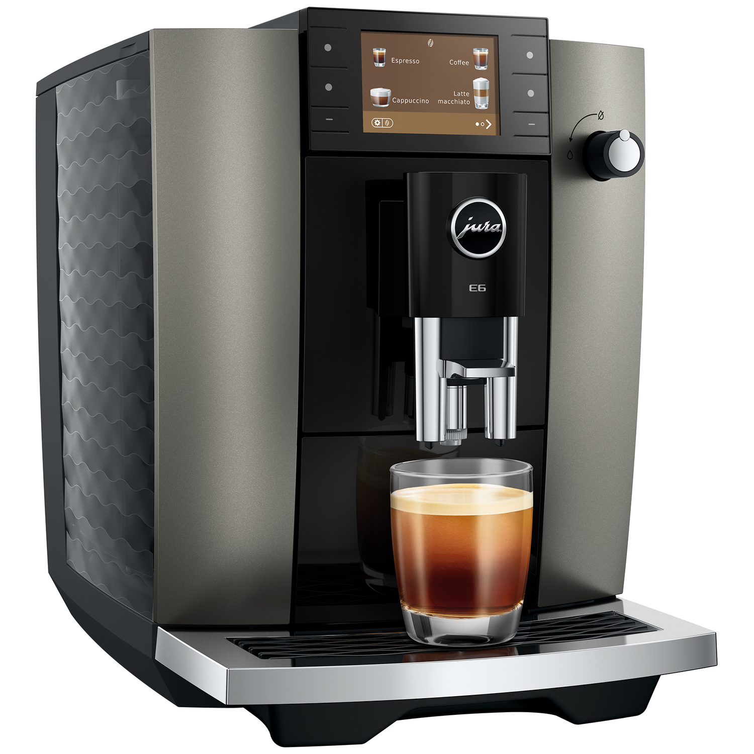 Een Jura E6 koffiezetapparaat met een glas espresso op de lekbak.