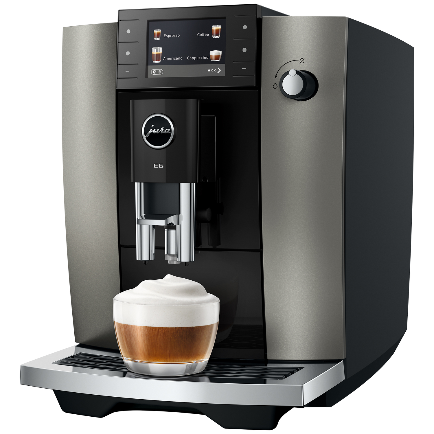 Een koffiezetapparaat met een glas cappuccino, melk en espresso op de lekbak.