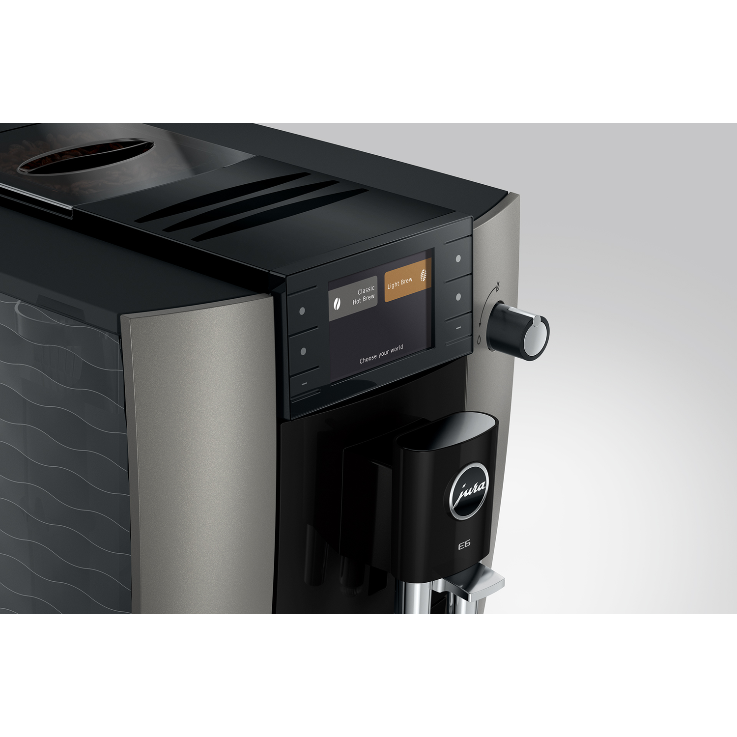 Een moderne koffiemachine met touchscreen en draaiknop.