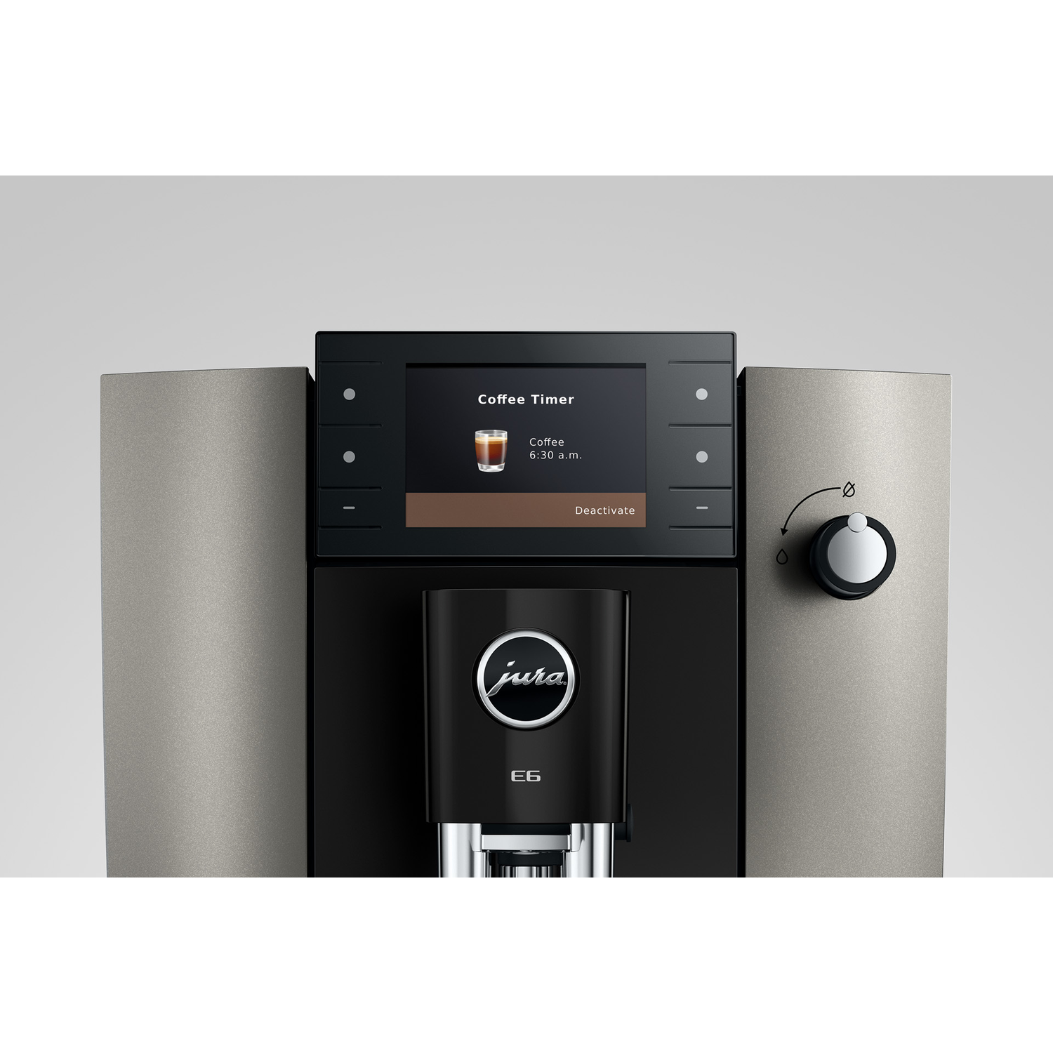 Een zwarte Jura E6 koffiemachine met een scherm dat een koffietimer toont.