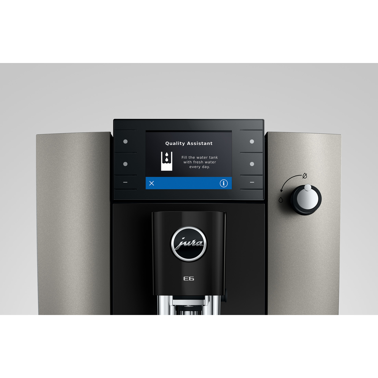 Koffiezetapparaat met scherm dat vraagt het waterreservoir te vullen.